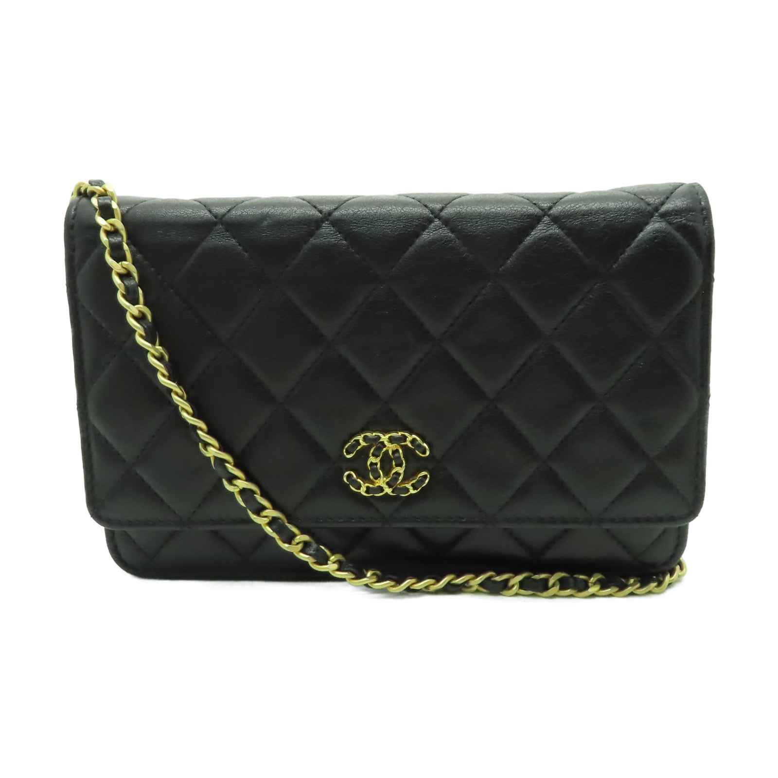CHANEL 牛皮皮革Wallet on Chain金扣鏈帶肩背袋黑色