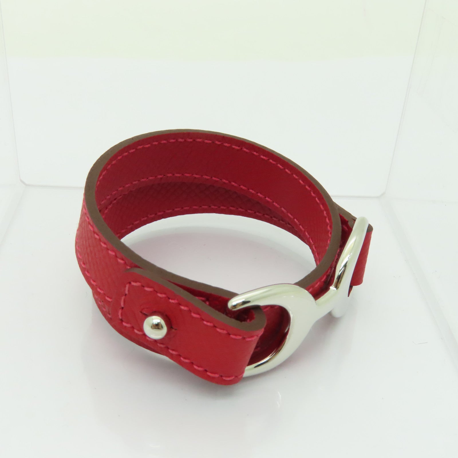 HERMES Epsom皮革Pavane Double Tour銀扣手鐲紅色