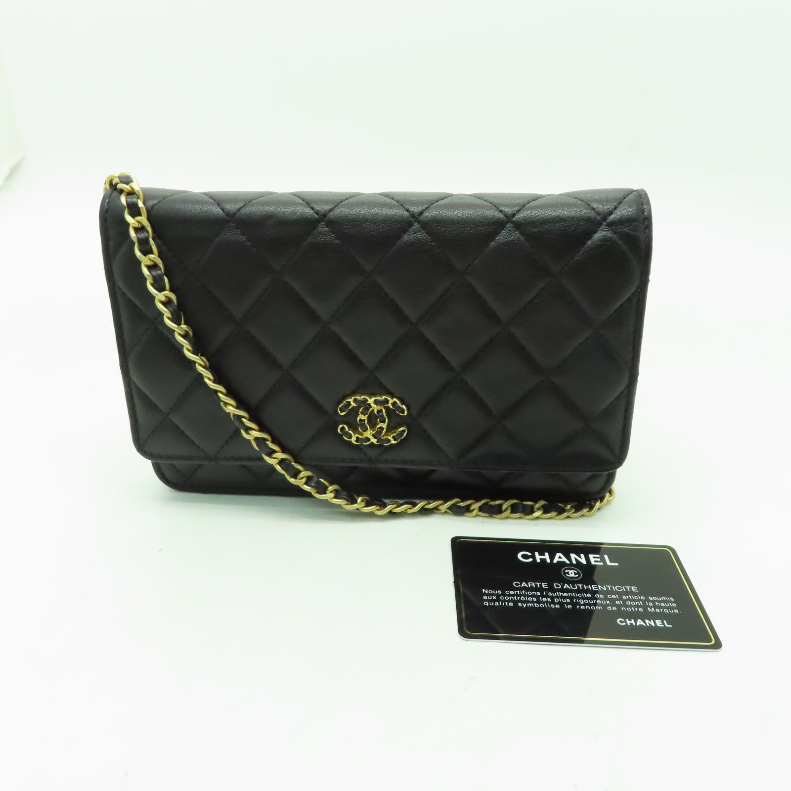 CHANEL 牛皮皮革Wallet on Chain金扣鏈帶肩背袋黑色