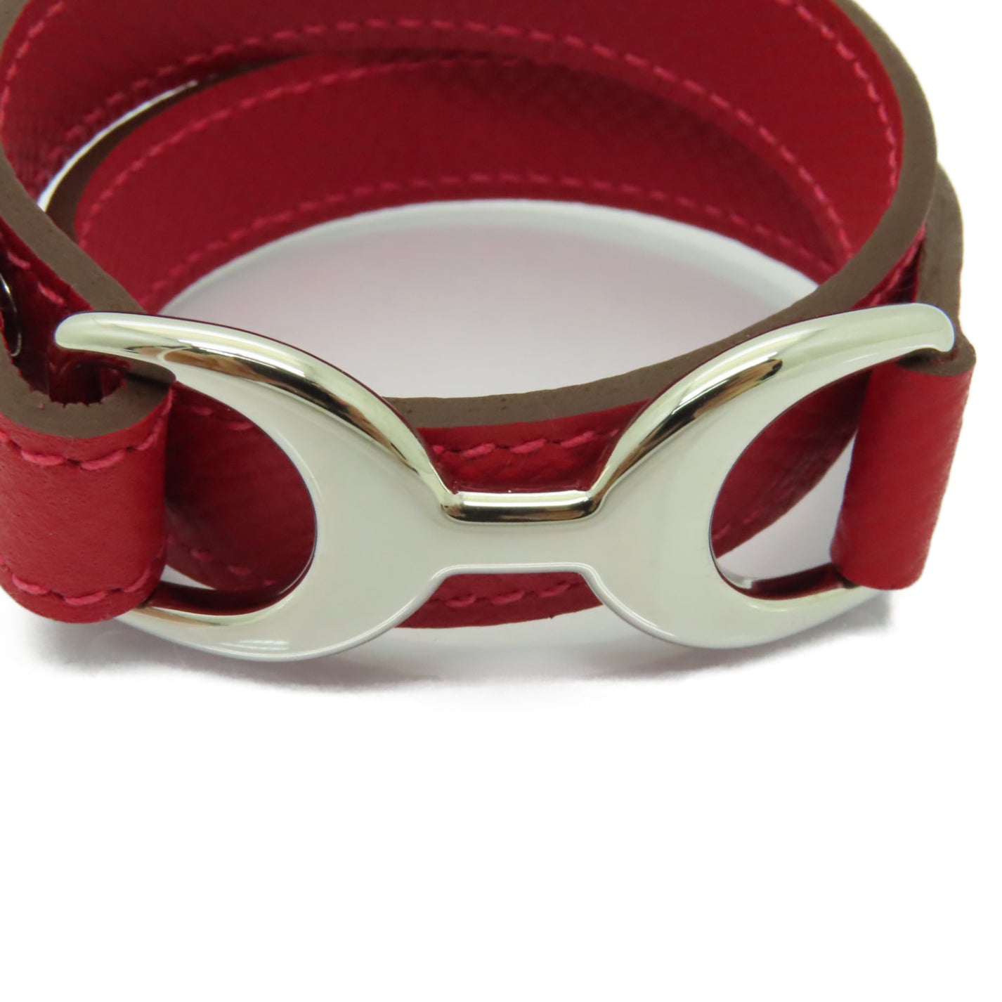 HERMES Epsom皮革Pavane Double Tour銀扣手鐲紅色