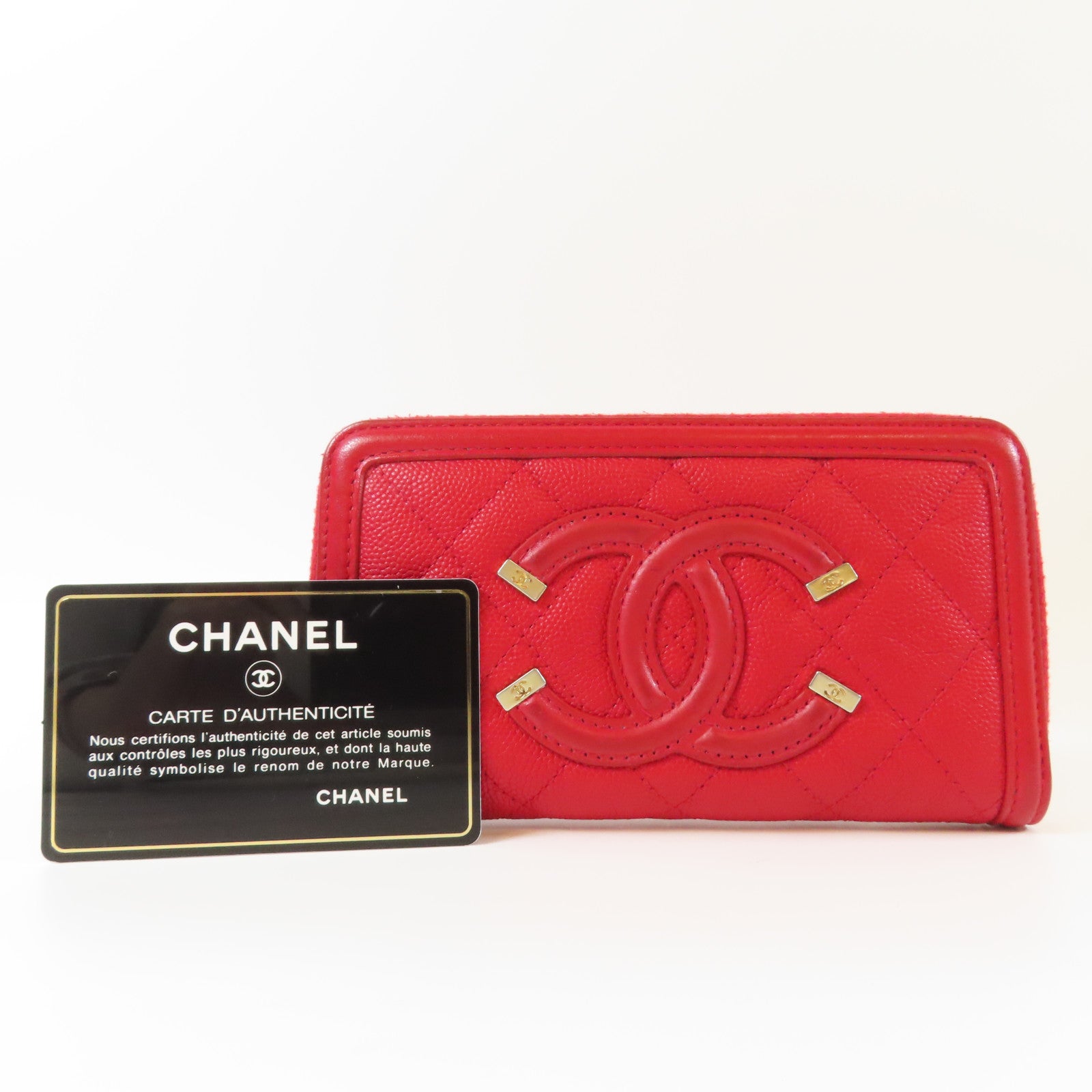 CHANEL 菱格Caviar皮革Round Wallet金扣錢包紅色
