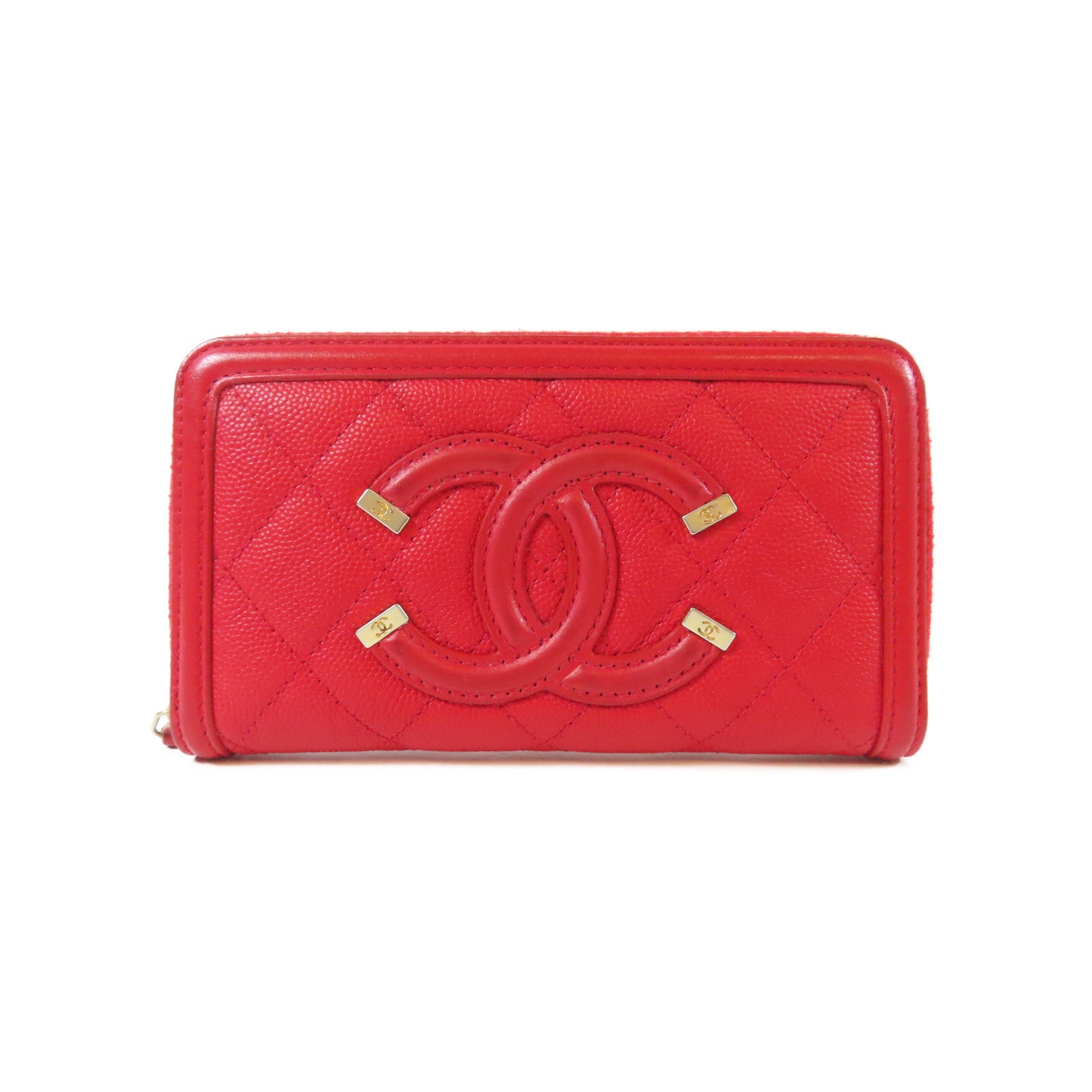 CHANEL 菱格Caviar皮革Round Wallet金扣錢包紅色