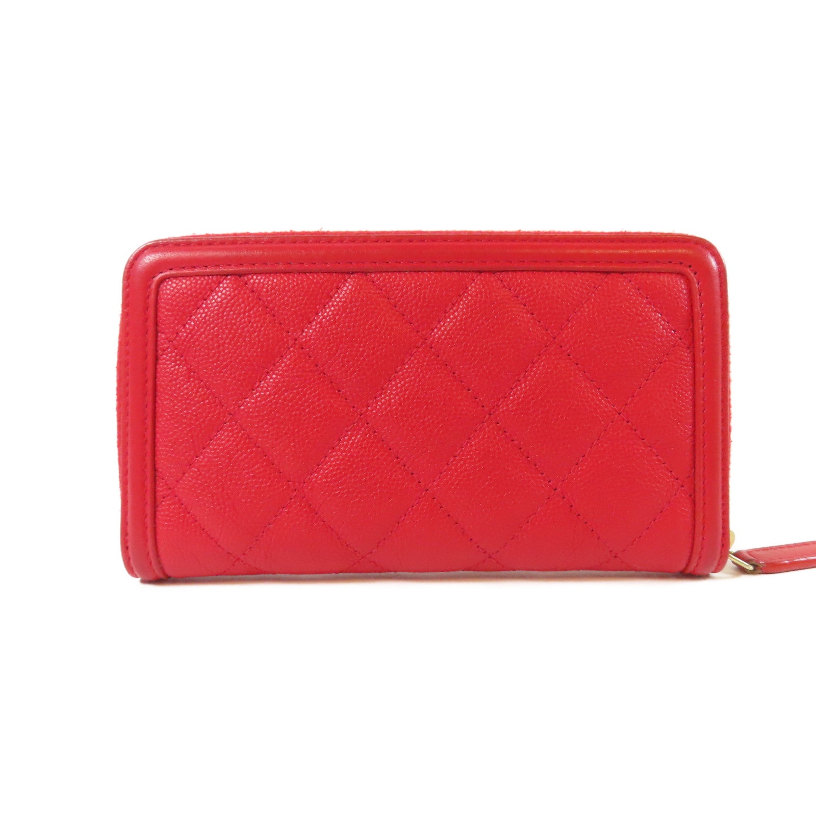 CHANEL 菱格Caviar皮革Round Wallet金扣錢包紅色