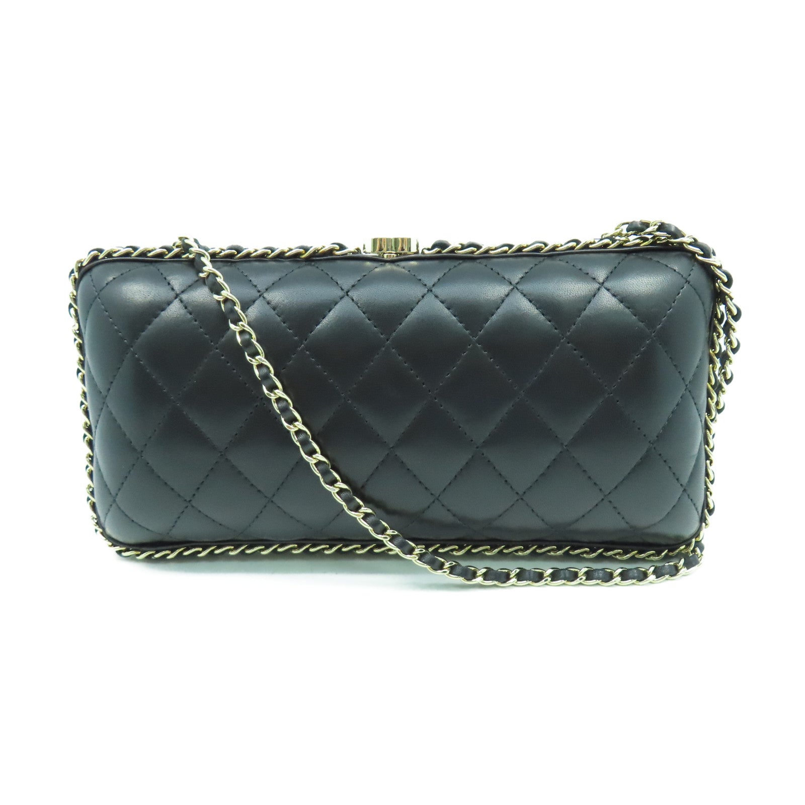 CHANEL 菱格羊皮皮革Clutch with Chain金扣鏈帶肩背袋黑色