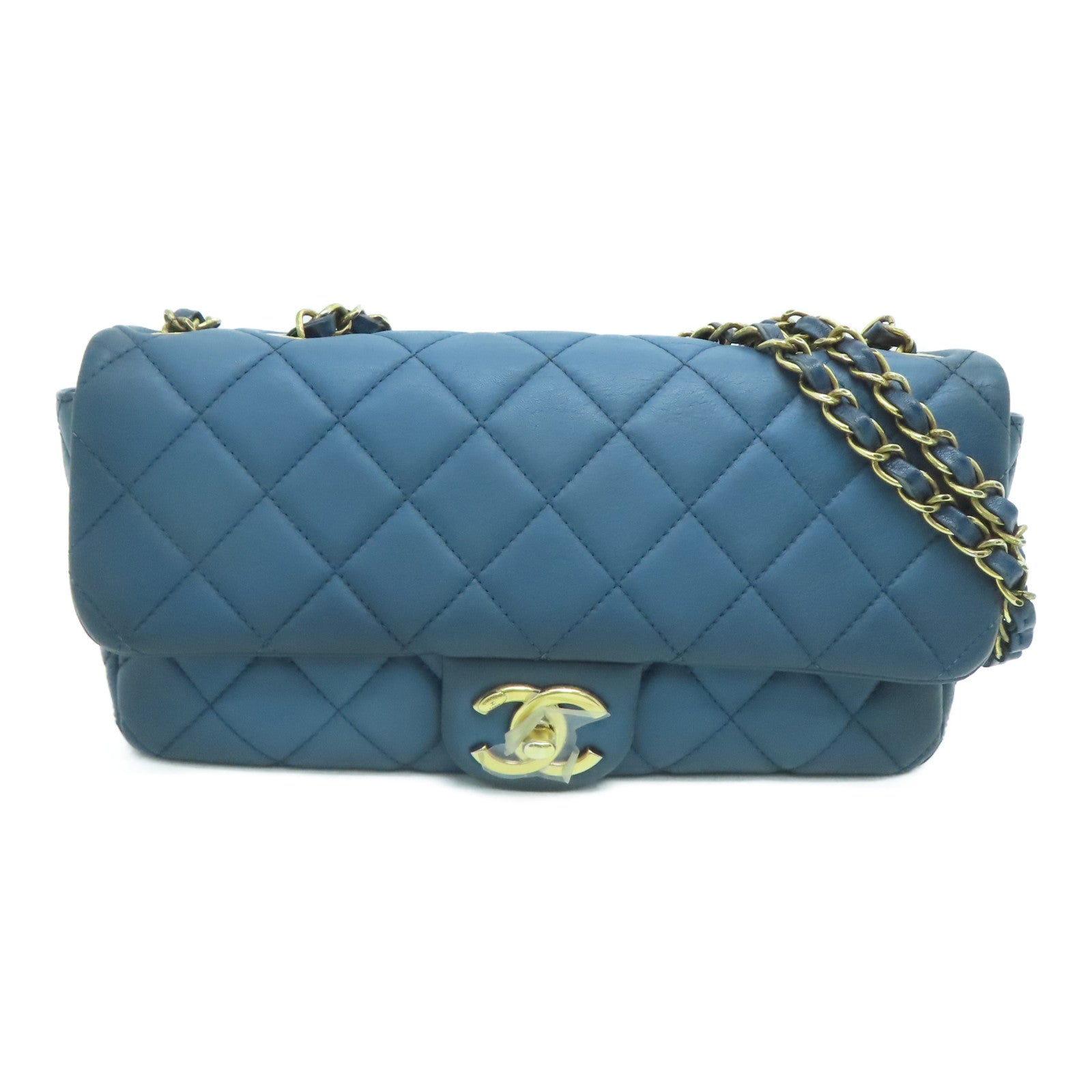 CHANEL 菱格牛皮皮革Chain Shoulder Bag金扣鏈帶肩背袋藍色
