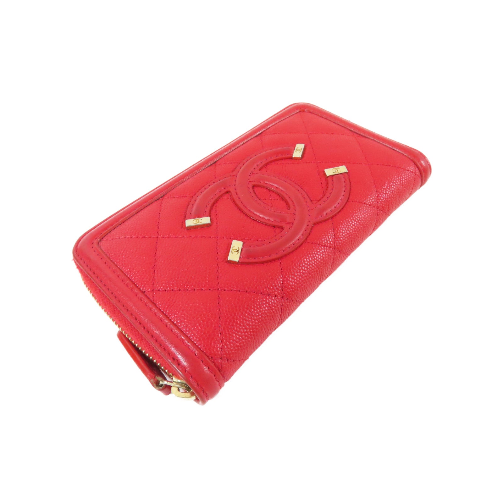 CHANEL 菱格Caviar皮革Round Wallet金扣錢包紅色