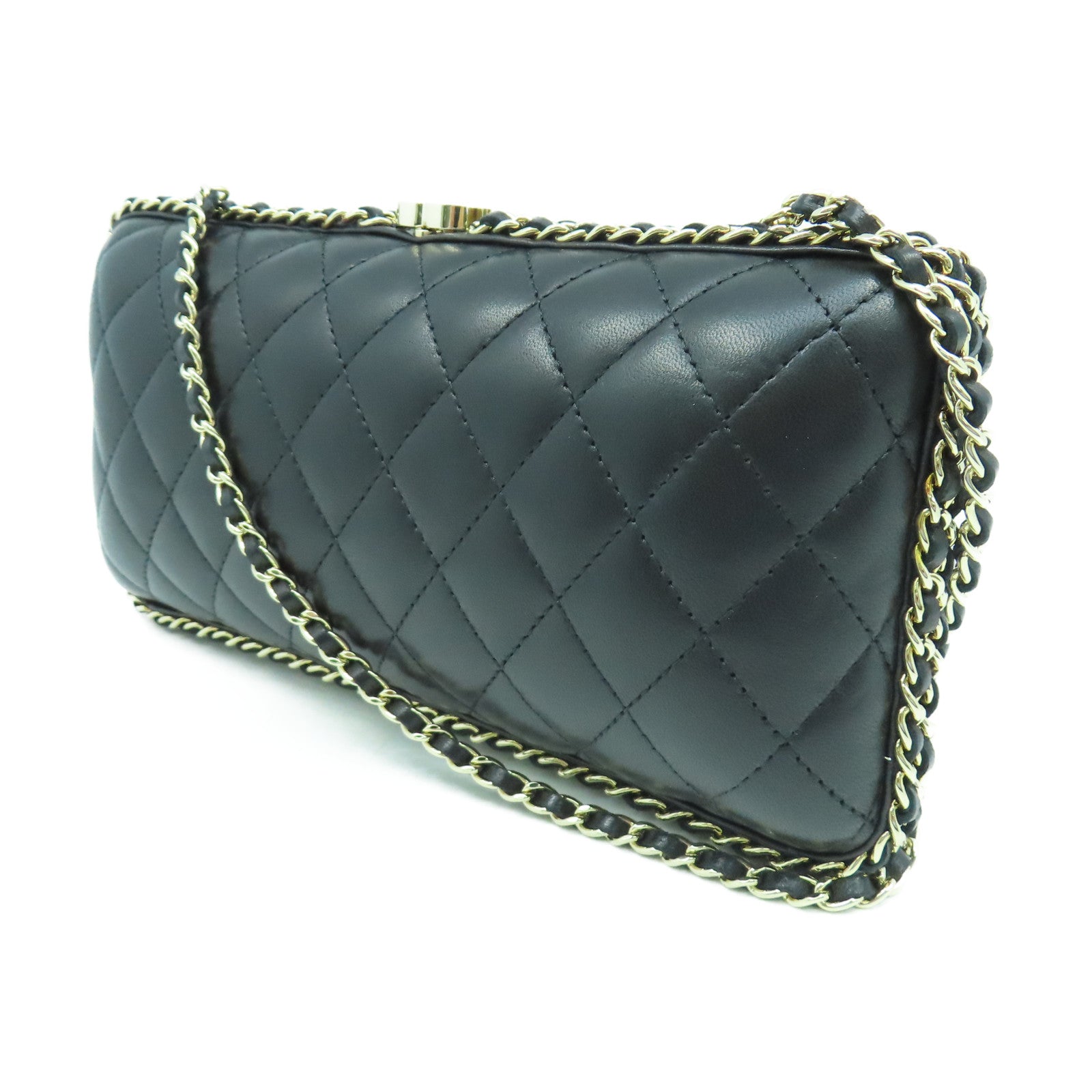 CHANEL 菱格羊皮皮革Clutch with Chain金扣鏈帶肩背袋黑色