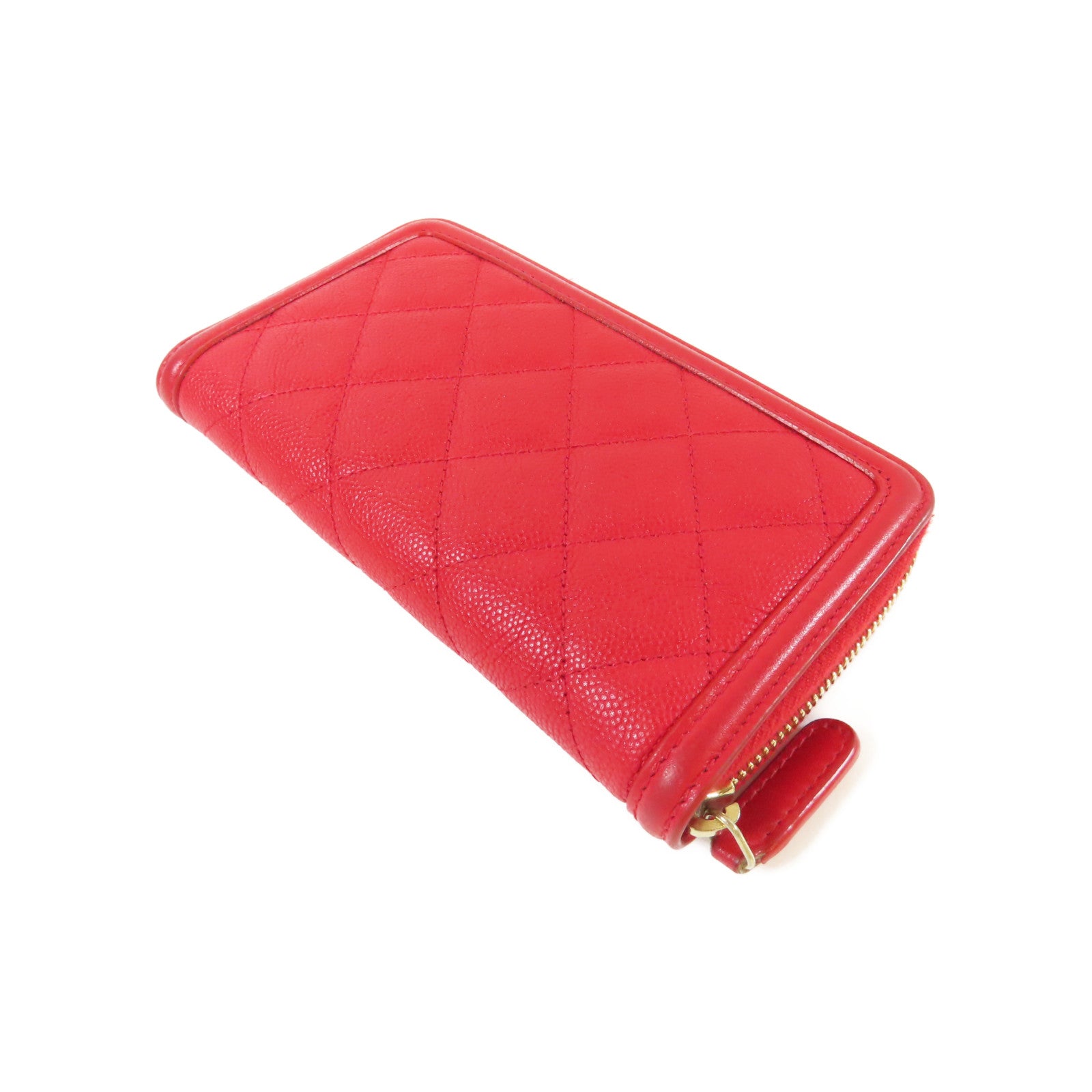 CHANEL 菱格Caviar皮革Round Wallet金扣錢包紅色