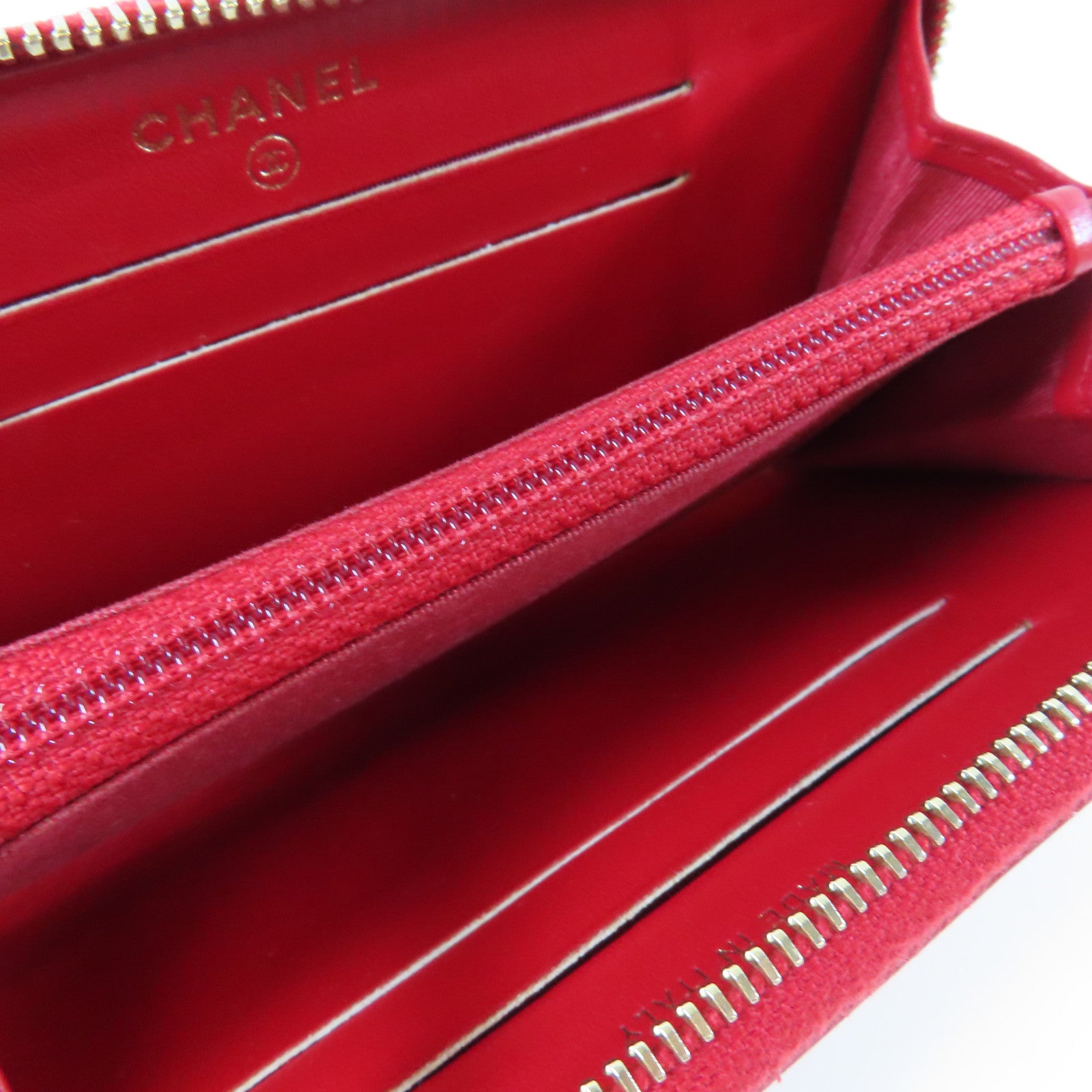 CHANEL 菱格Caviar皮革Round Wallet金扣錢包紅色