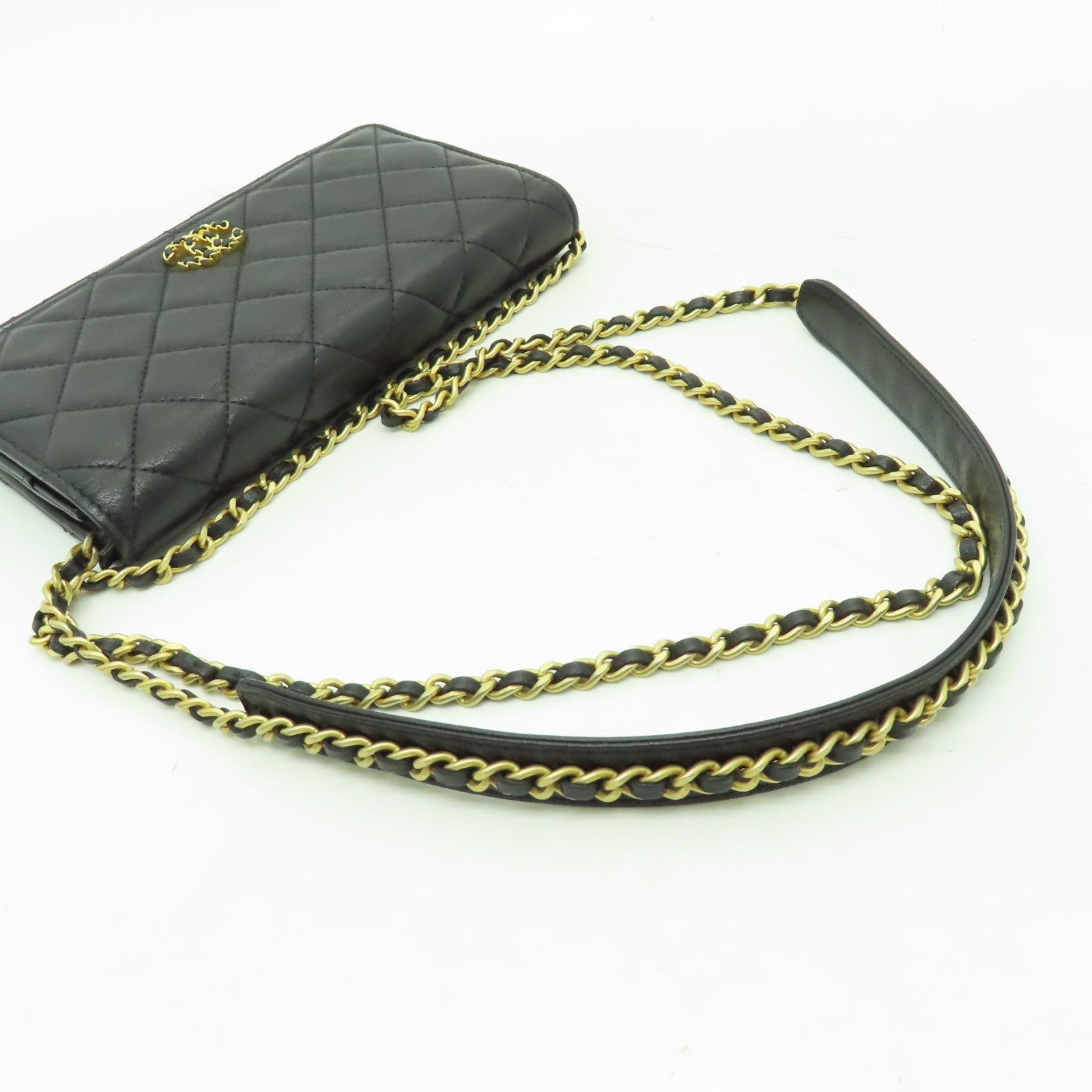 CHANEL 牛皮皮革Wallet on Chain金扣鏈帶肩背袋黑色