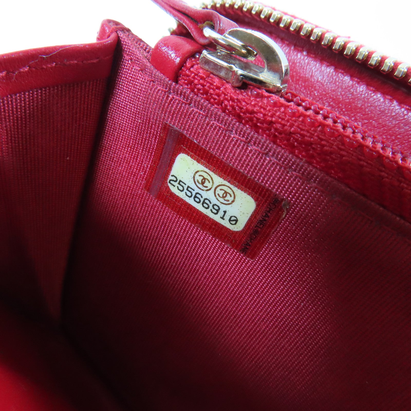 CHANEL 菱格Caviar皮革Round Wallet金扣錢包紅色