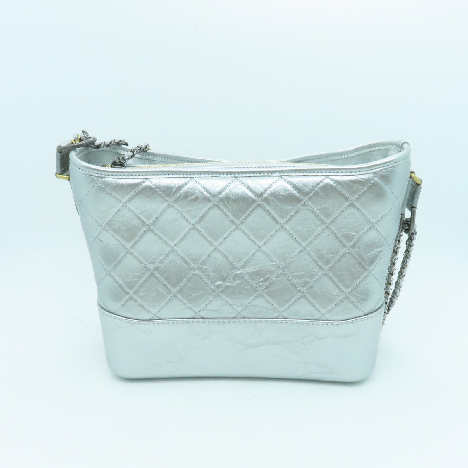 CHANEL cowhide leather Gabrielle gold and silver buckle shoulder bag silver