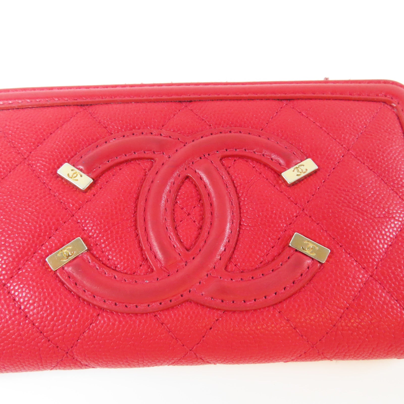 CHANEL 菱格Caviar皮革Round Wallet金扣錢包紅色