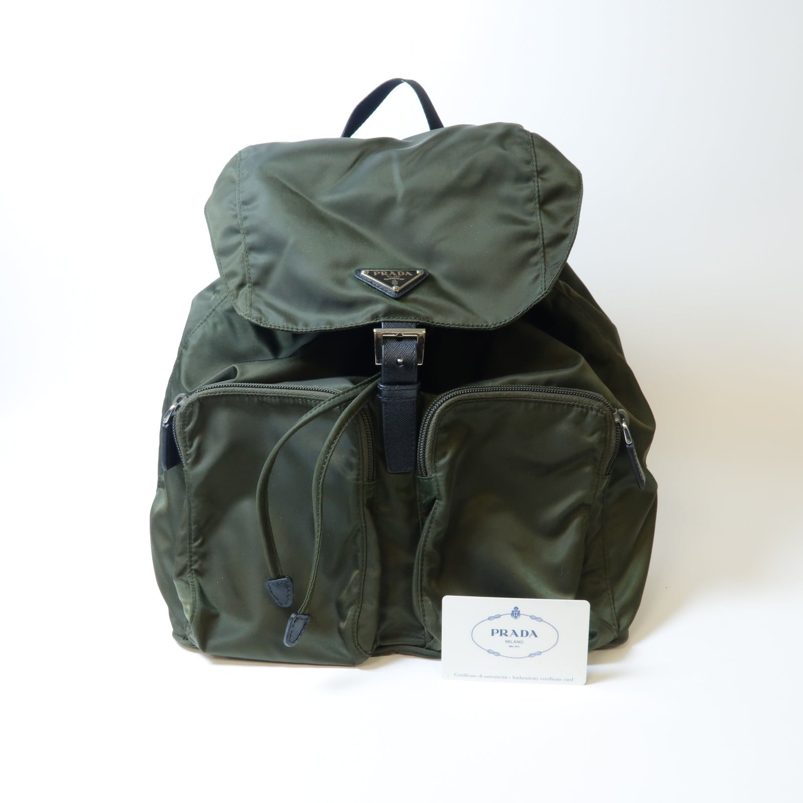 PRADA 尼龍Backpack銀扣背包深綠色