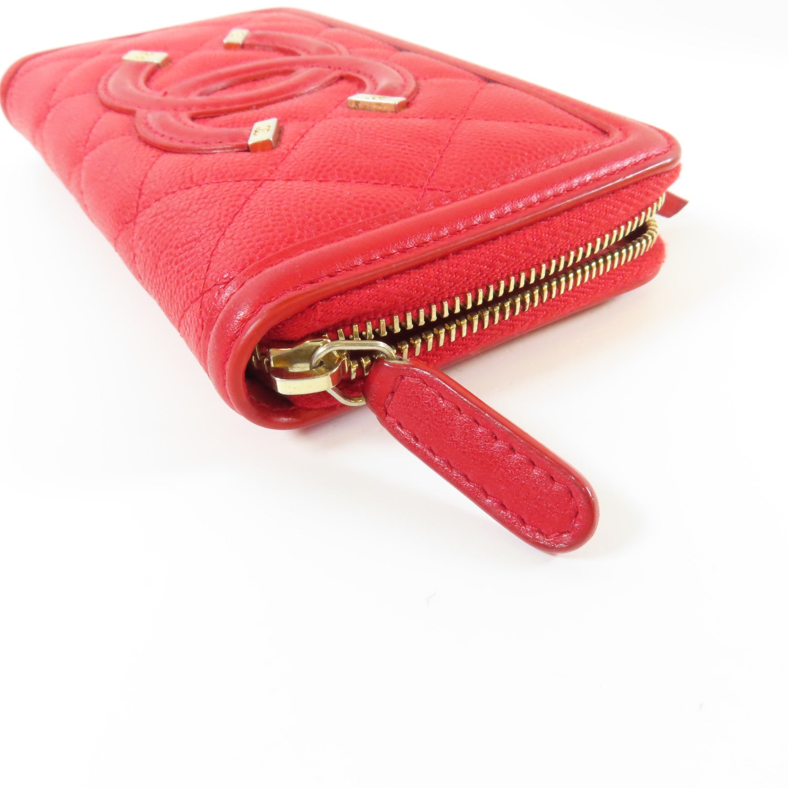 CHANEL 菱格Caviar皮革Round Wallet金扣錢包紅色
