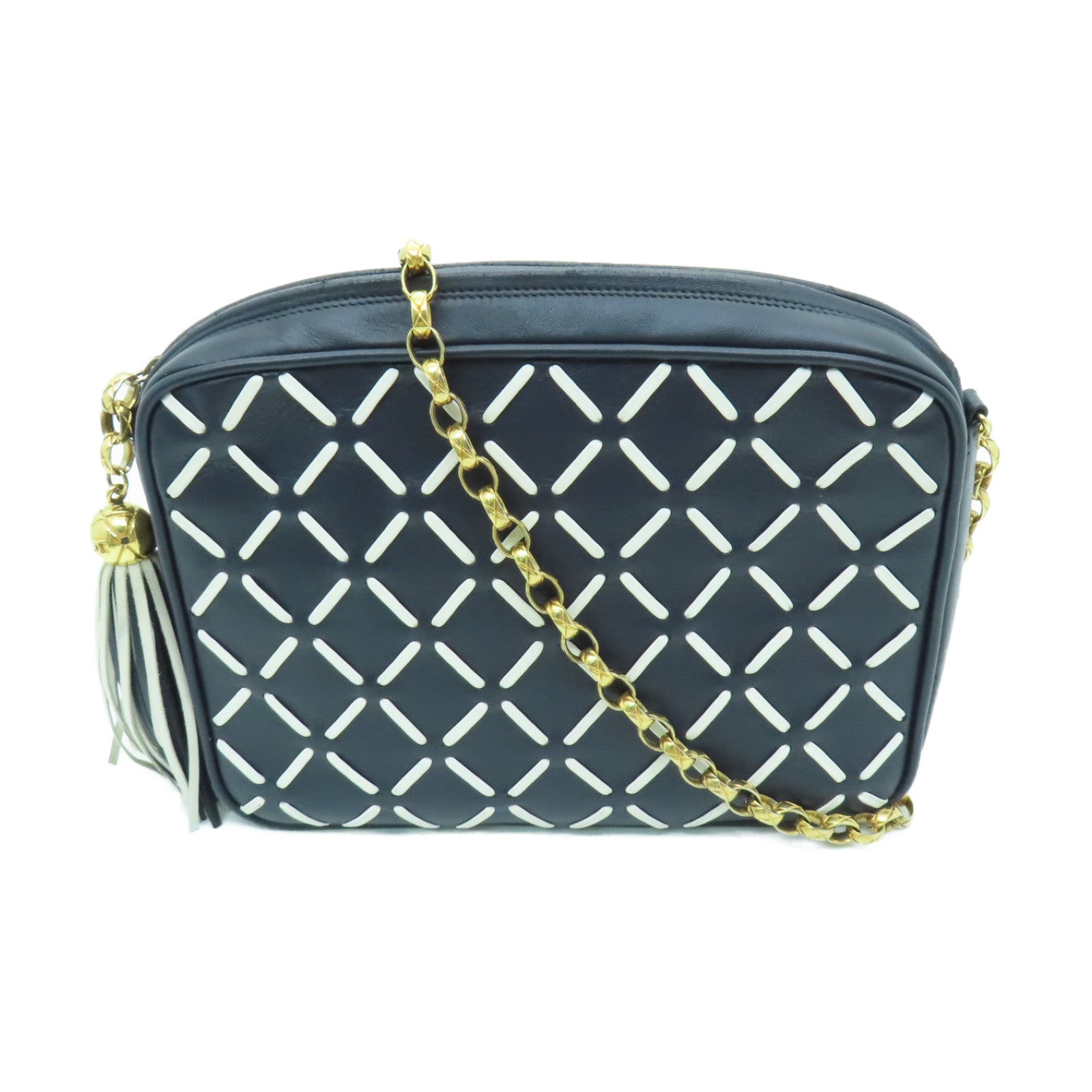 CHANEL 牛皮皮革Chain Shoulder Bag金扣鏈帶肩背袋深藍色