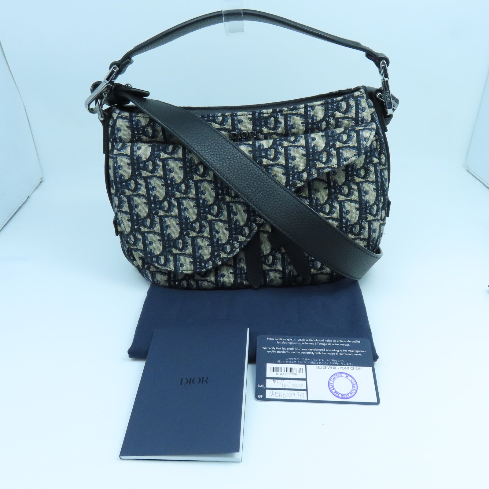 Dior Canvas Saddle Bag Silver Buckle Handle Shoulder Bag Blue Beige