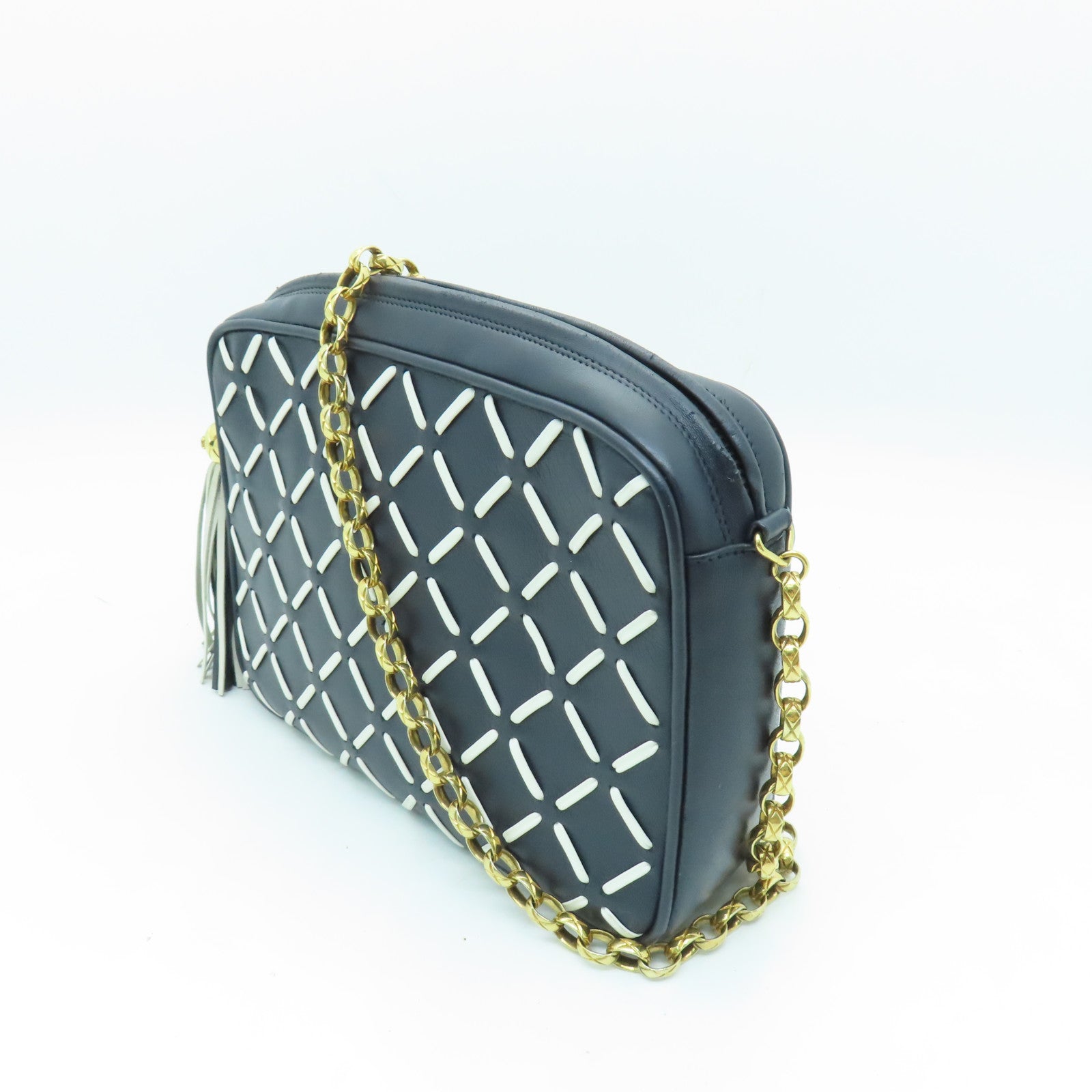 CHANEL 牛皮皮革Chain Shoulder Bag金扣鏈帶肩背袋深藍色