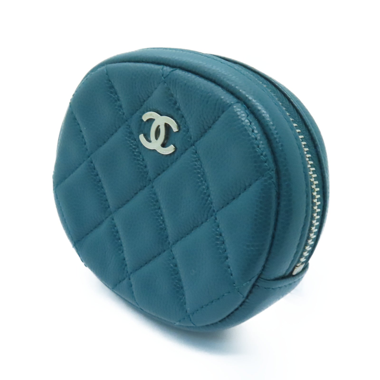 CHANEL 【激減優惠】菱格Caviar皮革Coin Case銀扣零錢包綠色