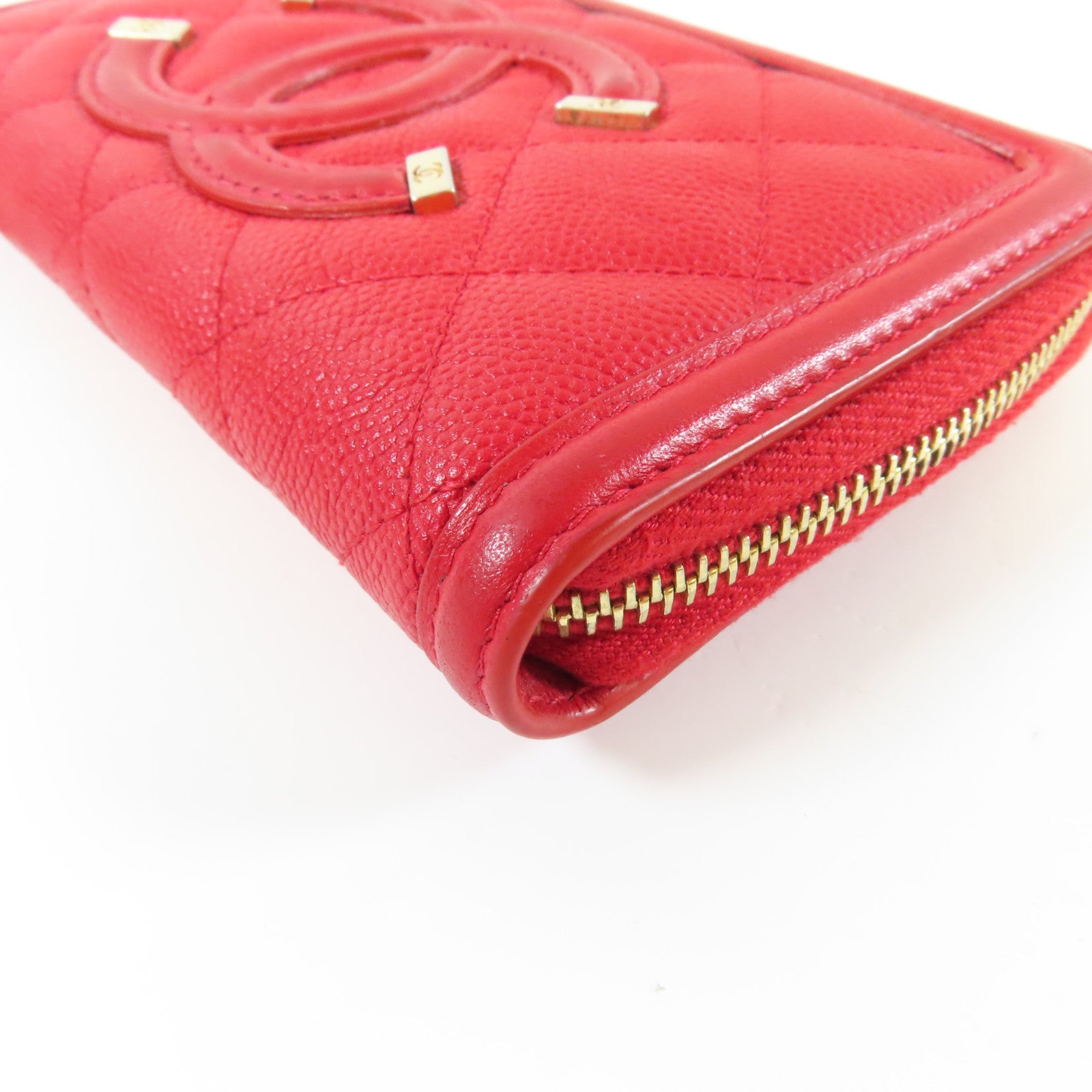 CHANEL 菱格Caviar皮革Round Wallet金扣錢包紅色