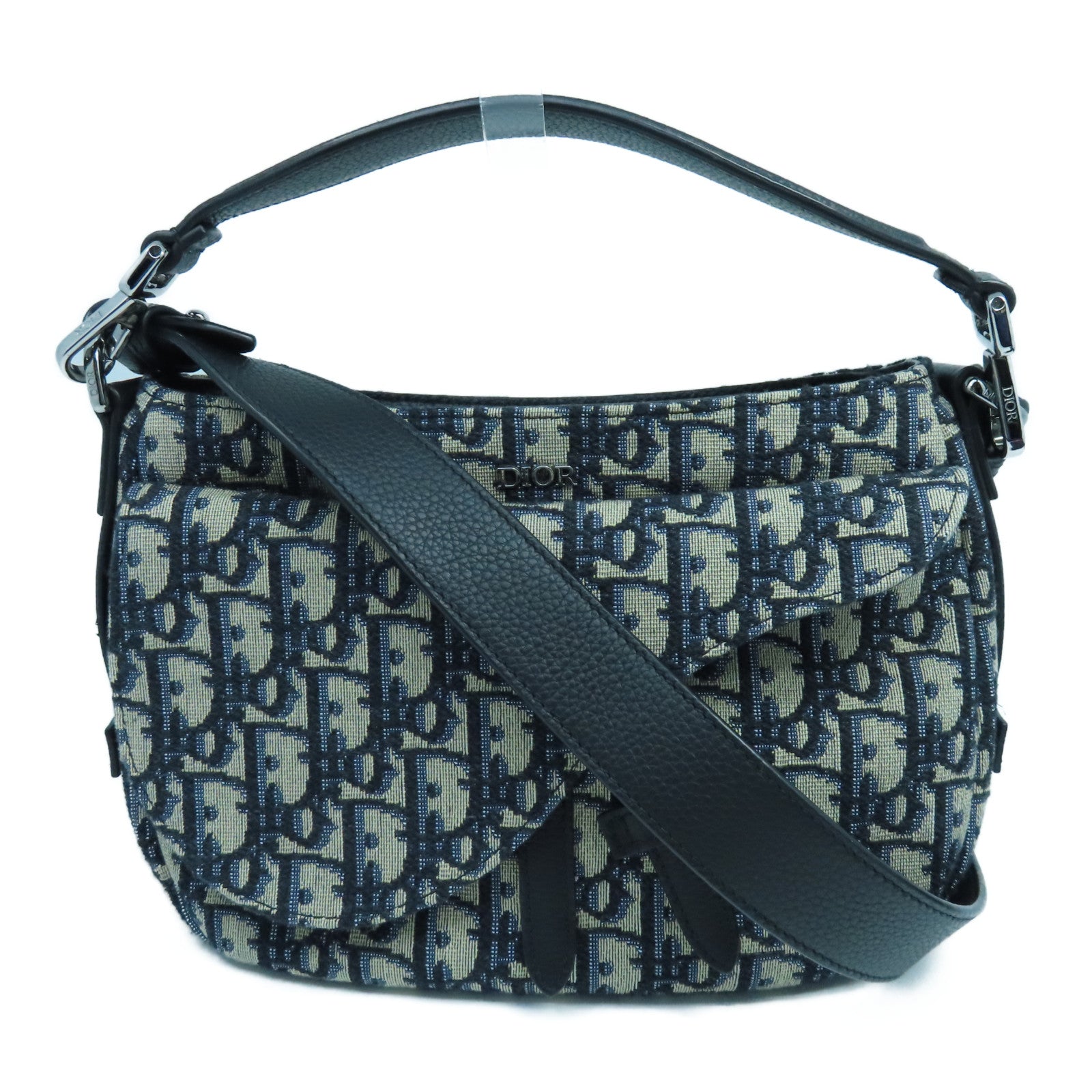 Dior Canvas Saddle Bag Silver Buckle Handle Shoulder Bag Blue Beige