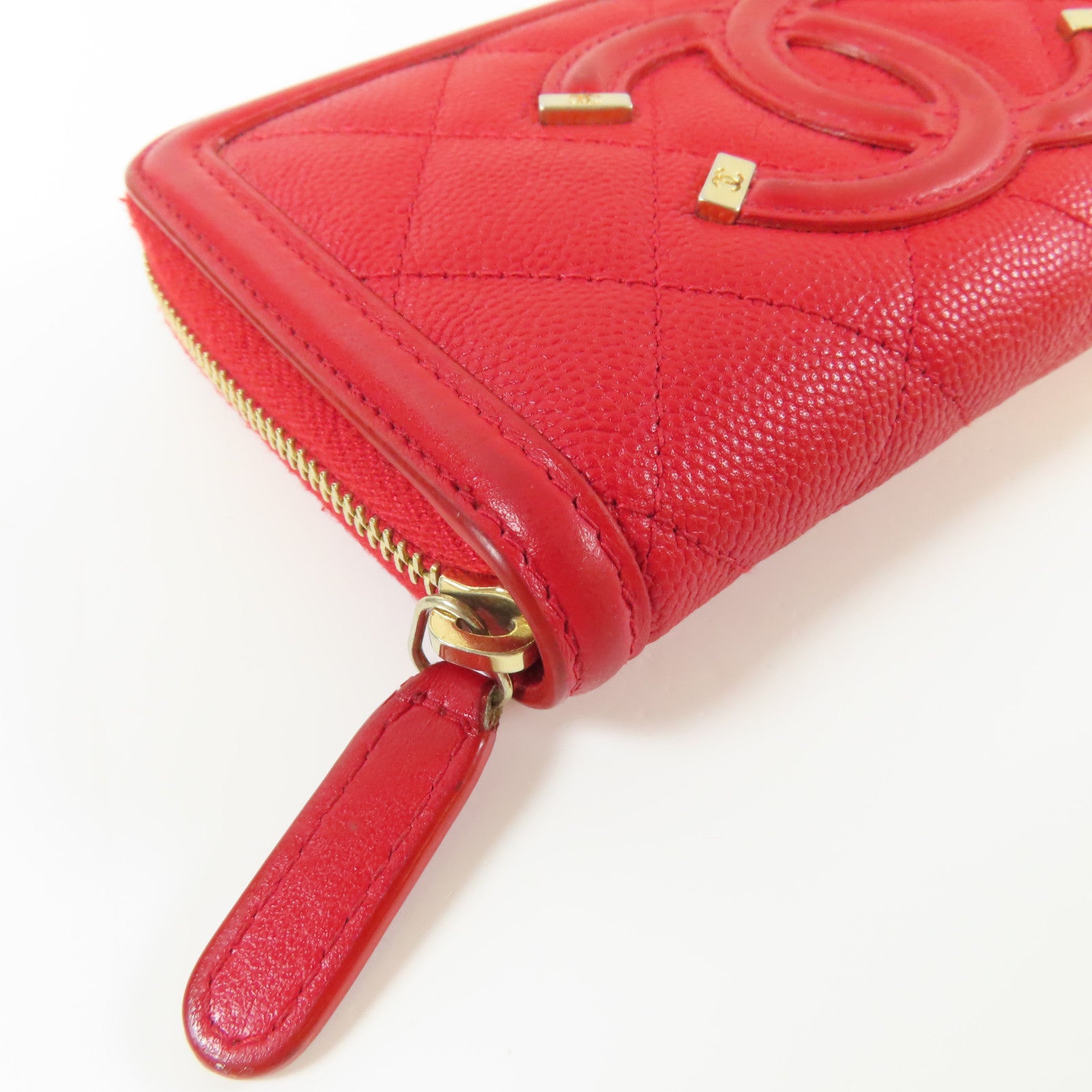 CHANEL 菱格Caviar皮革Round Wallet金扣錢包紅色