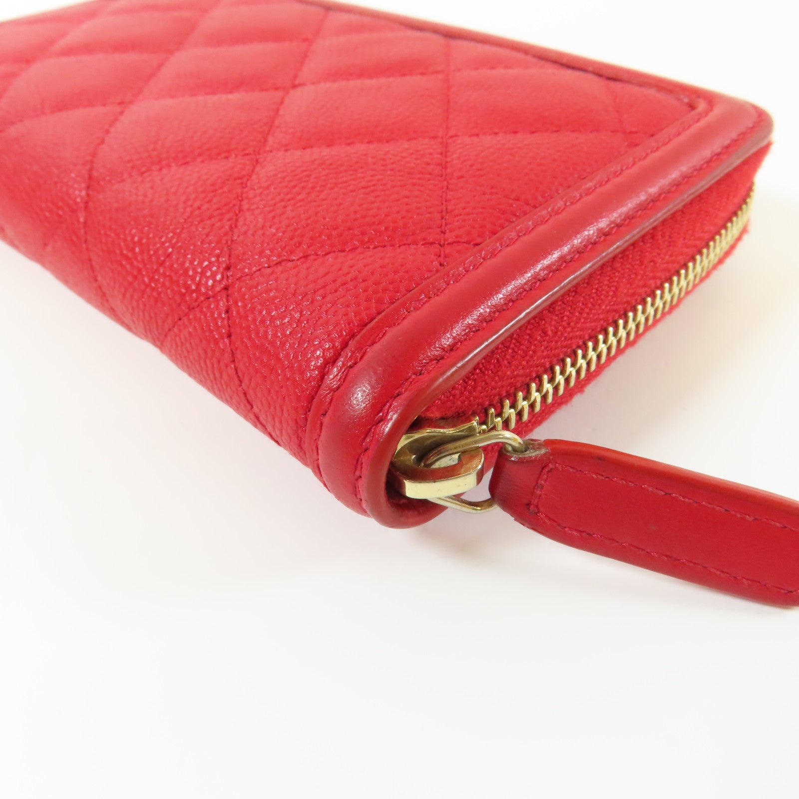 CHANEL 菱格Caviar皮革Round Wallet金扣錢包紅色