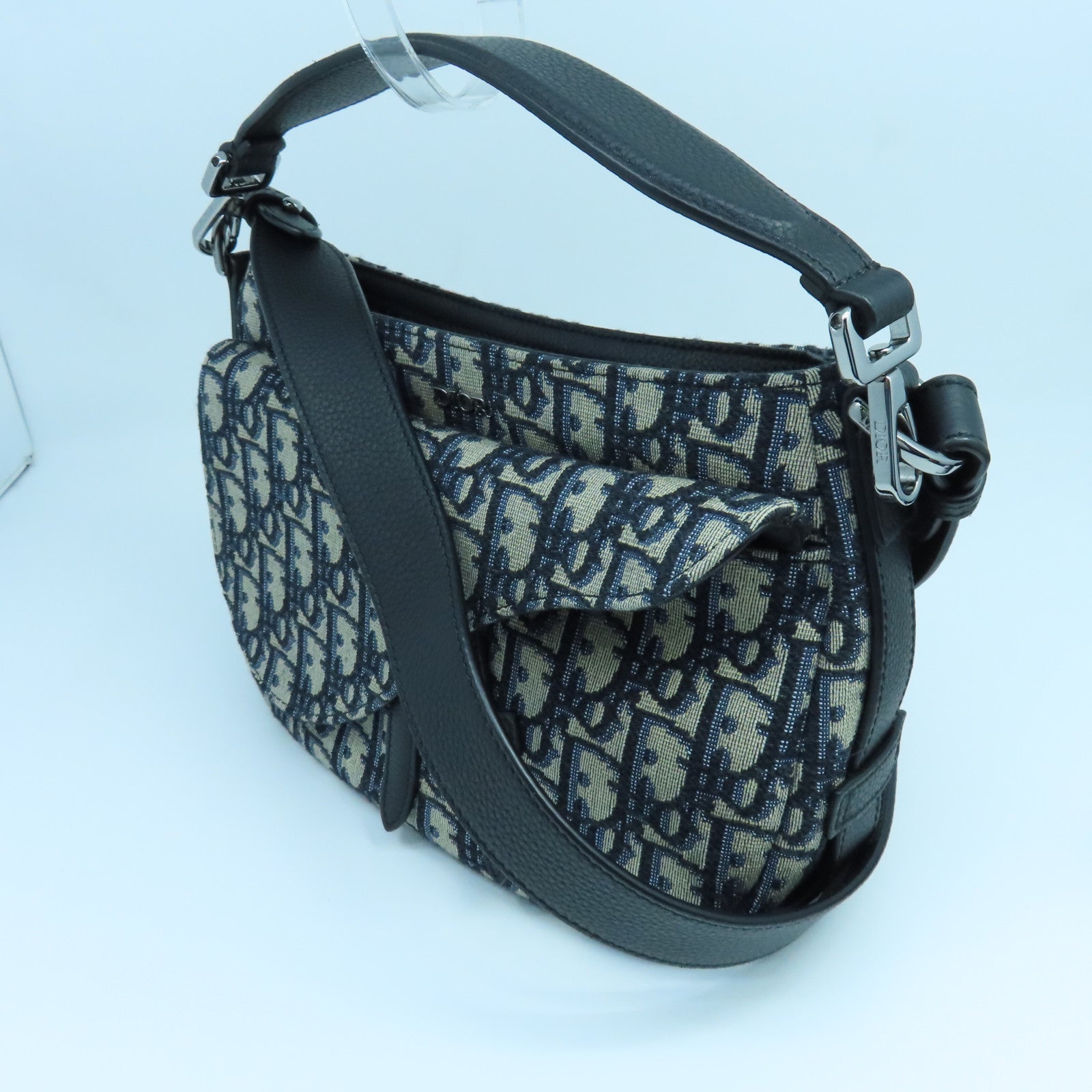 Dior Canvas Saddle Bag Silver Buckle Handle Shoulder Bag Blue Beige