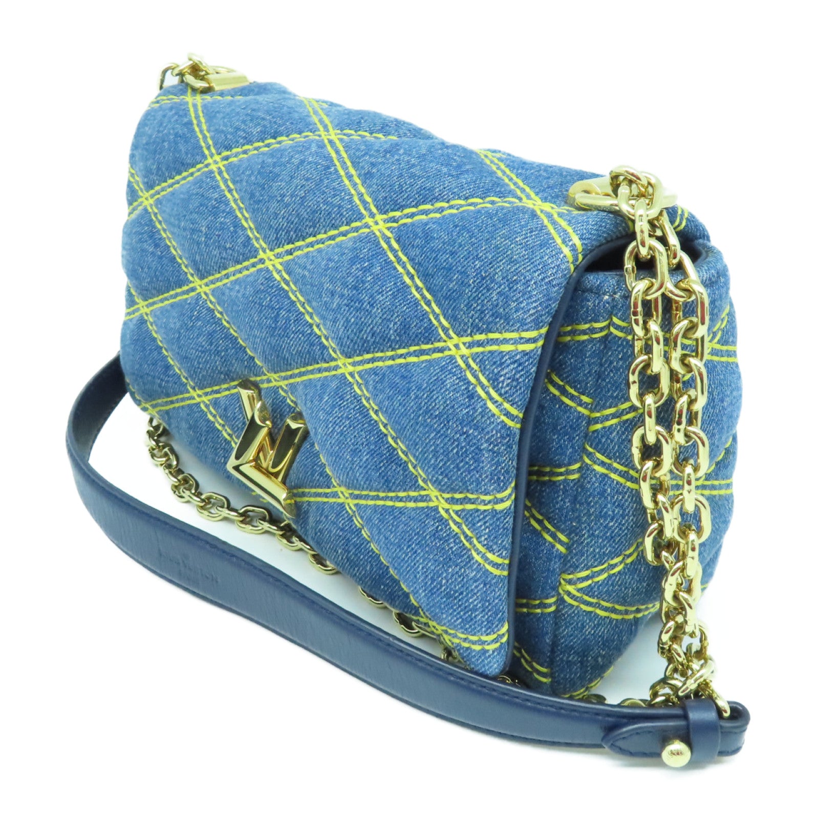 LOUIS VUITTON Lingge Damier Jeans ジgo-14 PM Shoulder Bag Gold Buckle Chain Belt Shoulder Bag Blue