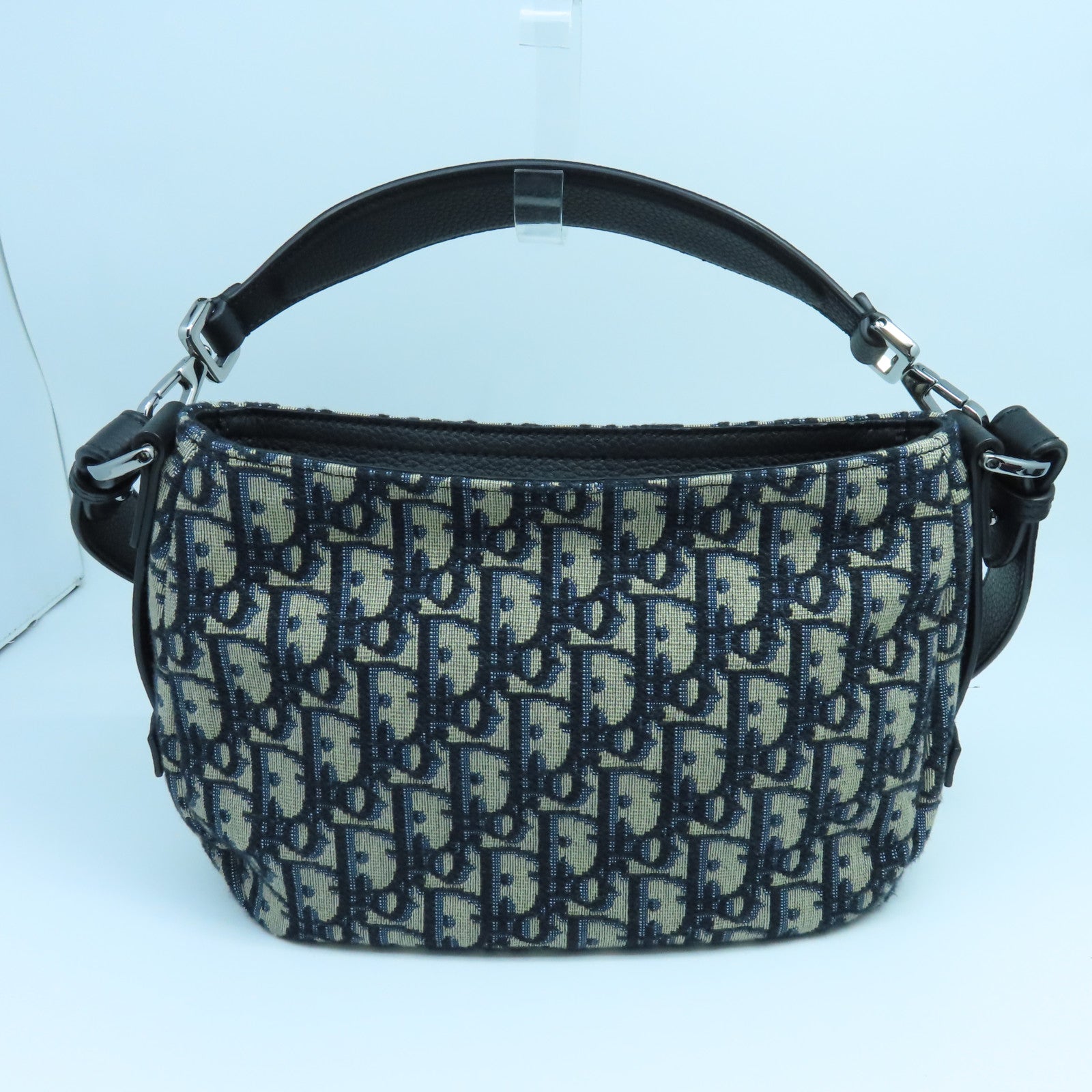 Dior Canvas Saddle Bag Silver Buckle Handle Shoulder Bag Blue Beige