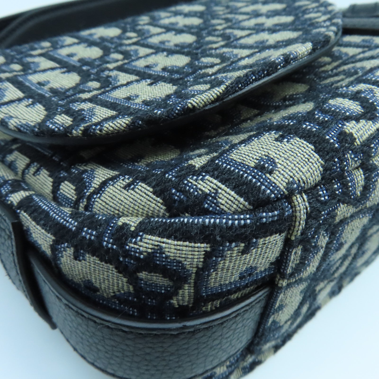 Dior Canvas Saddle Bag Silver Buckle Handle Shoulder Bag Blue Beige