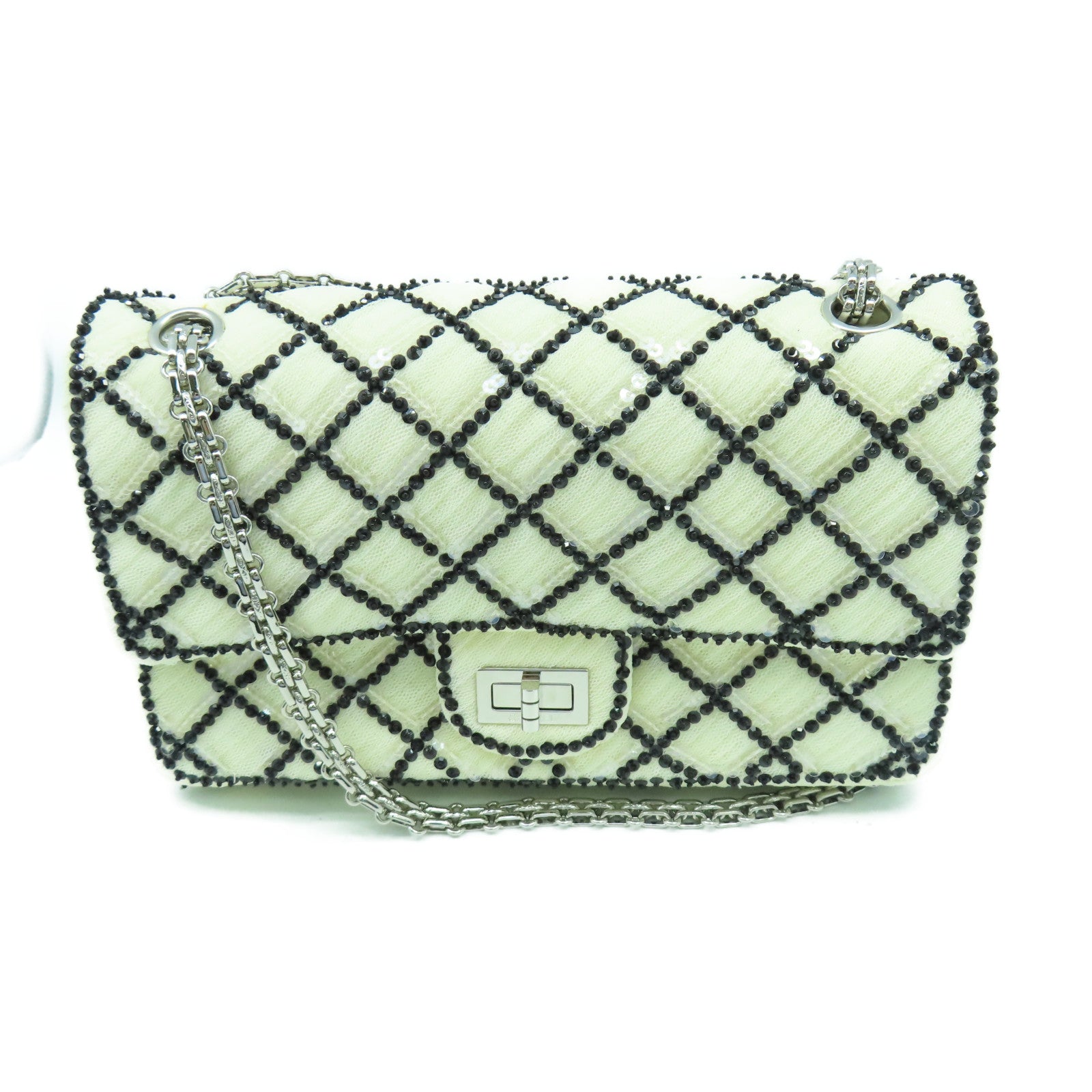 CHANEL 菱格帆布Chain Shoulder銀扣鏈帶肩背袋白色
