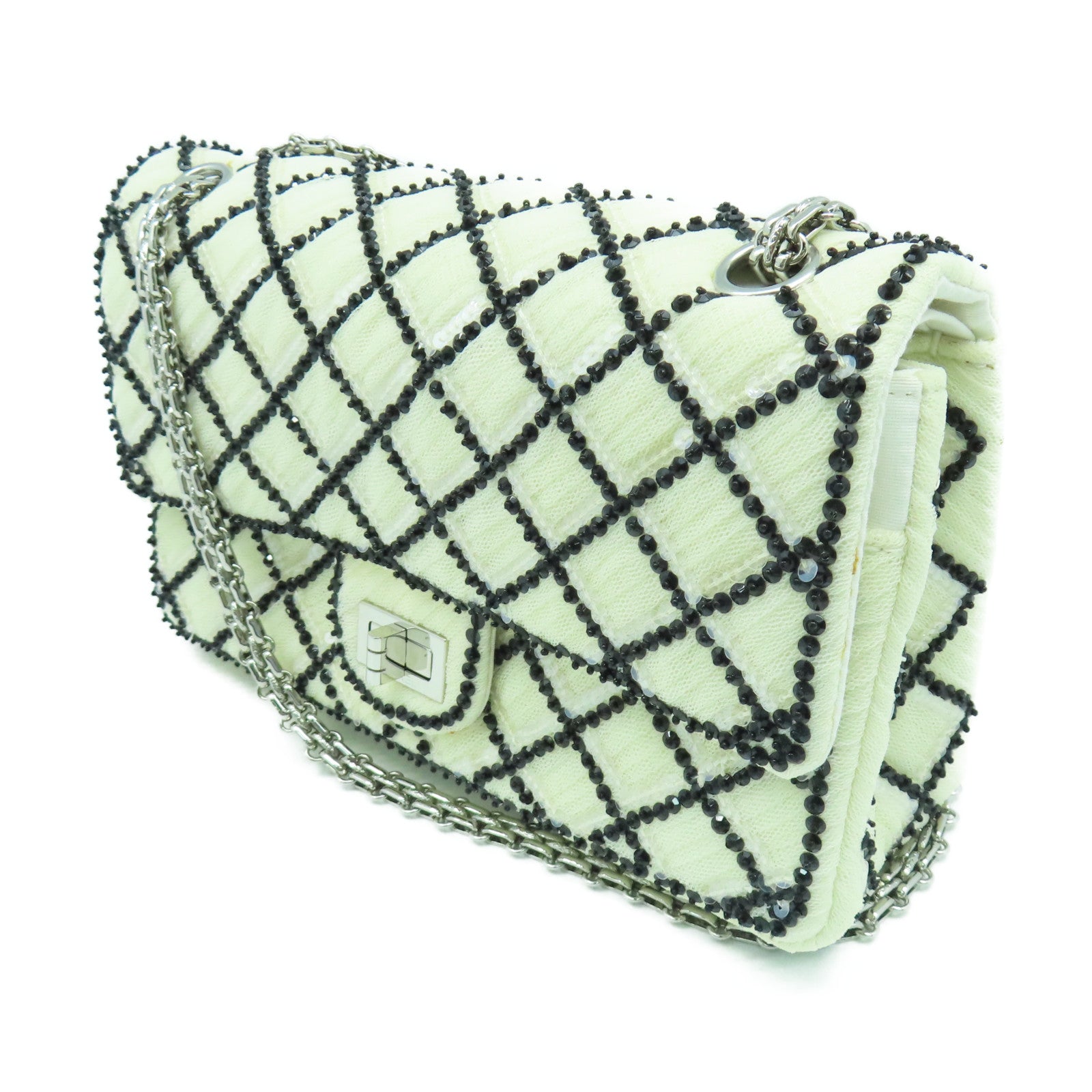 CHANEL 菱格帆布Chain Shoulder銀扣鏈帶肩背袋白色
