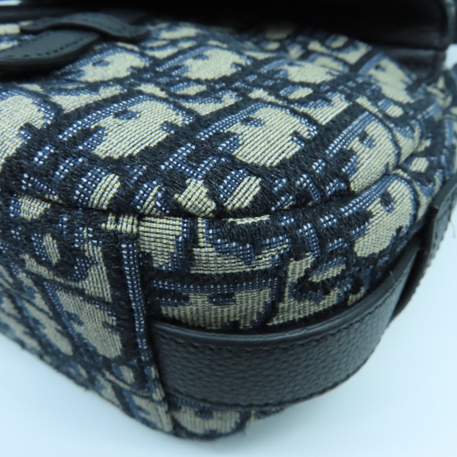 Dior Canvas Saddle Bag Silver Buckle Handle Shoulder Bag Blue Beige