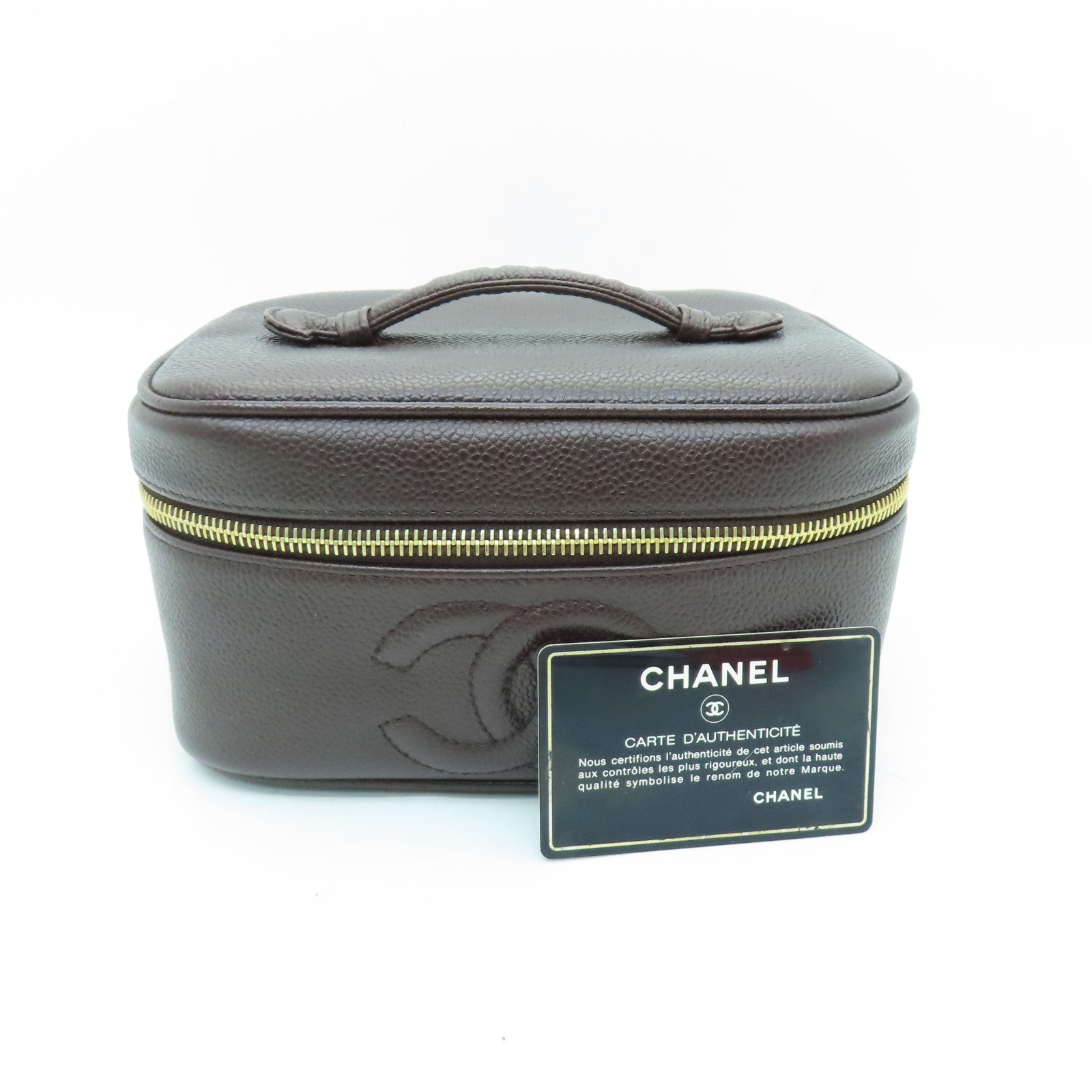 CHANEL Caviar皮革Vanity Bag金扣手挽袋啡色