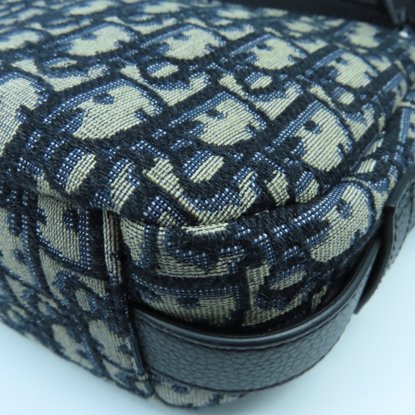 Dior Canvas Saddle Bag Silver Buckle Handle Shoulder Bag Blue Beige