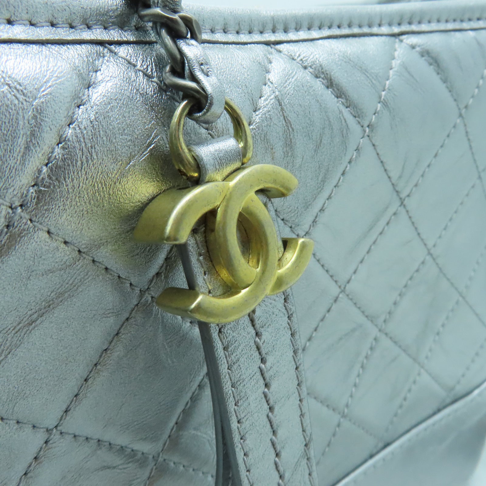 CHANEL cowhide leather Gabrielle gold and silver buckle shoulder bag silver
