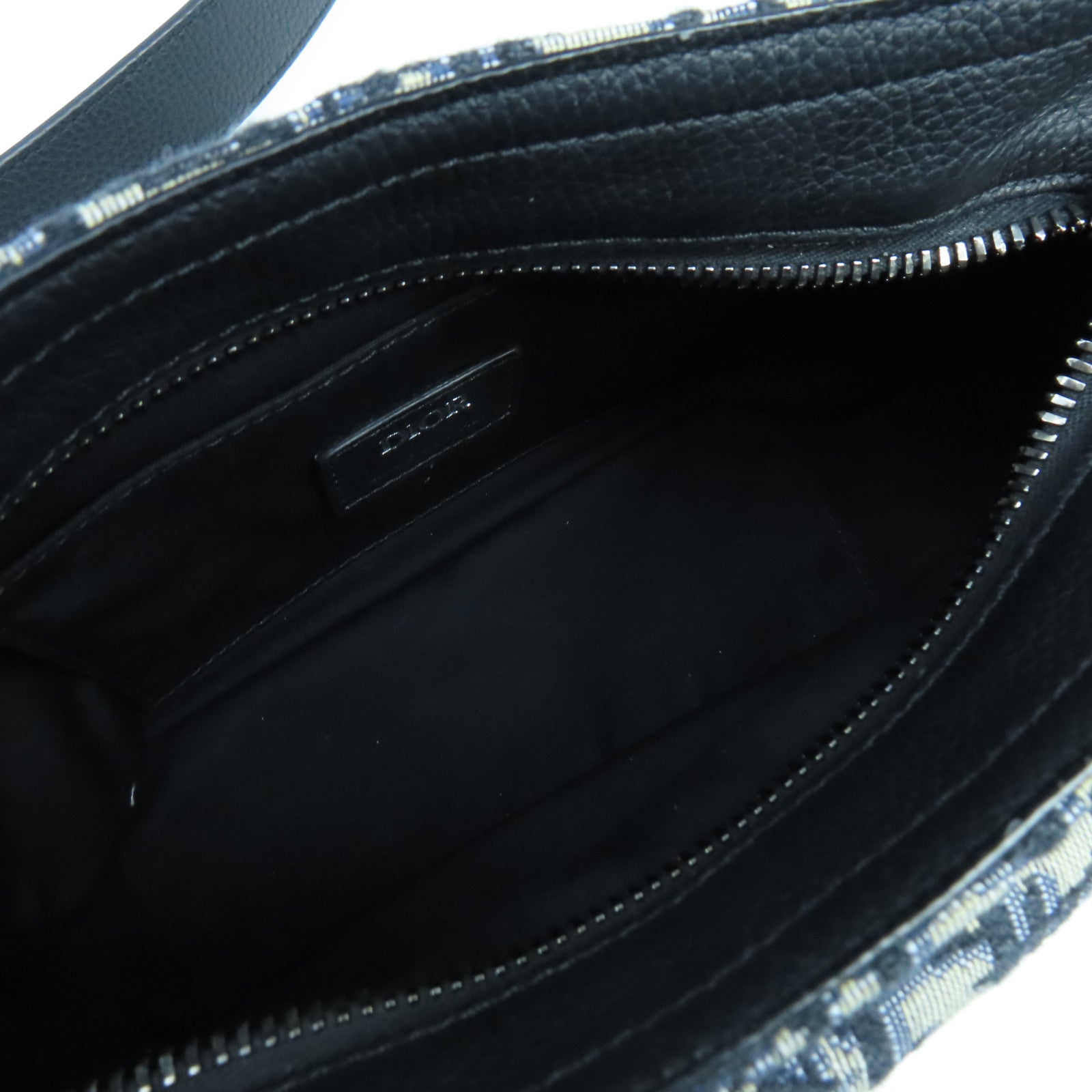 Dior Canvas Saddle Bag Silver Buckle Handle Shoulder Bag Blue Beige