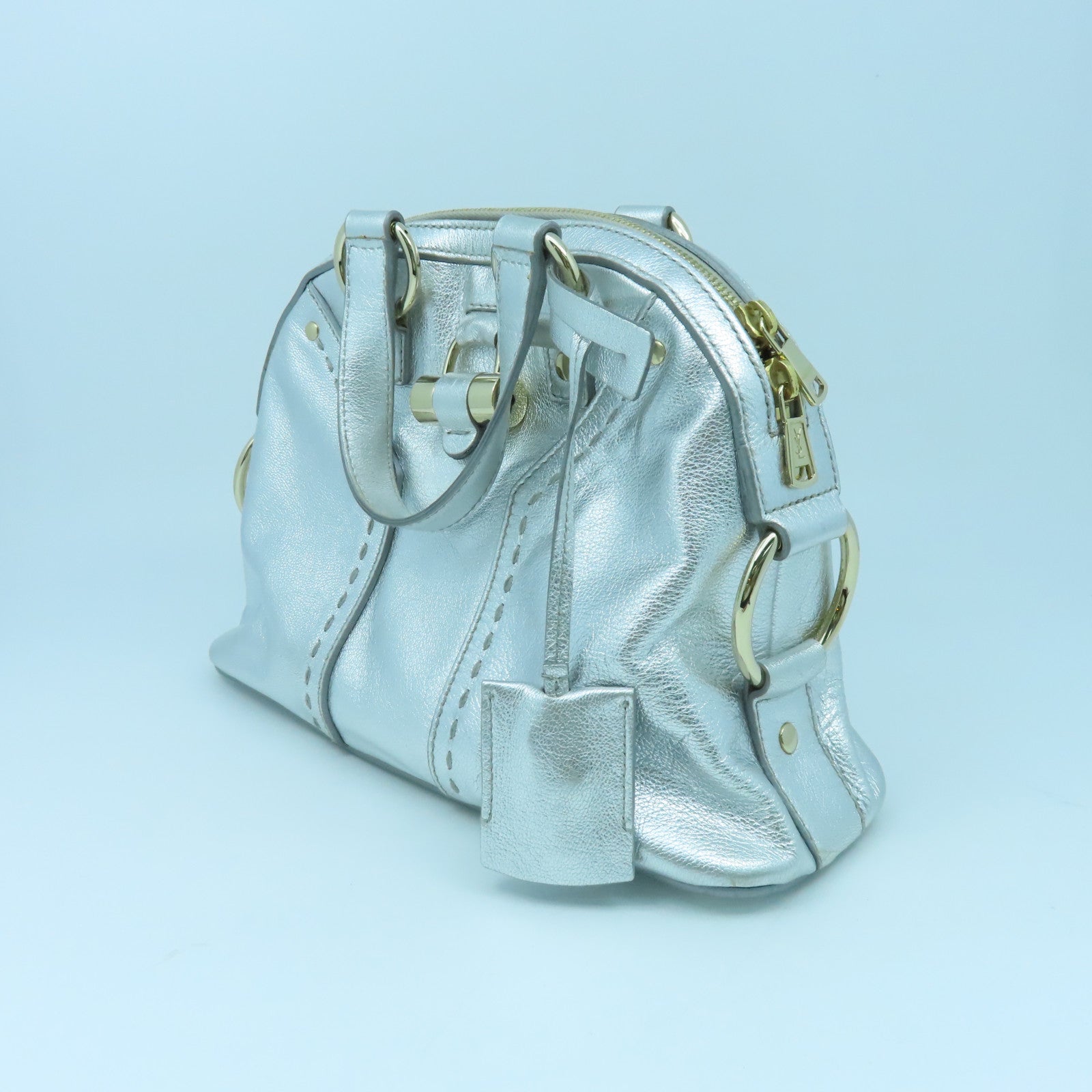 YVES SAINT LAURENT 牛皮皮革Shoulder Bag金扣肩背袋銀色