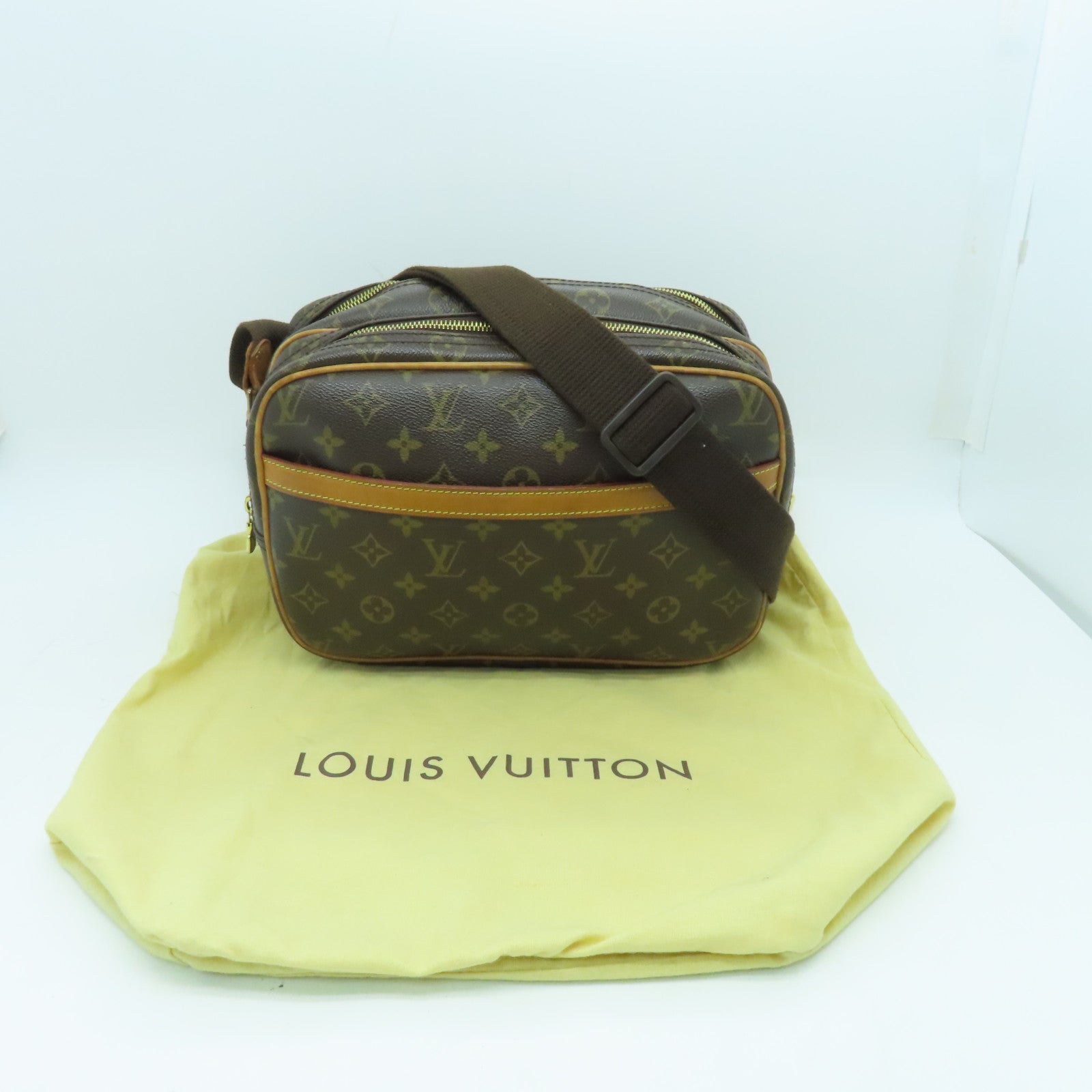 LOUIS VUITTON Monogram Reporter PM Gold Buckle Shoulder Bag Brown