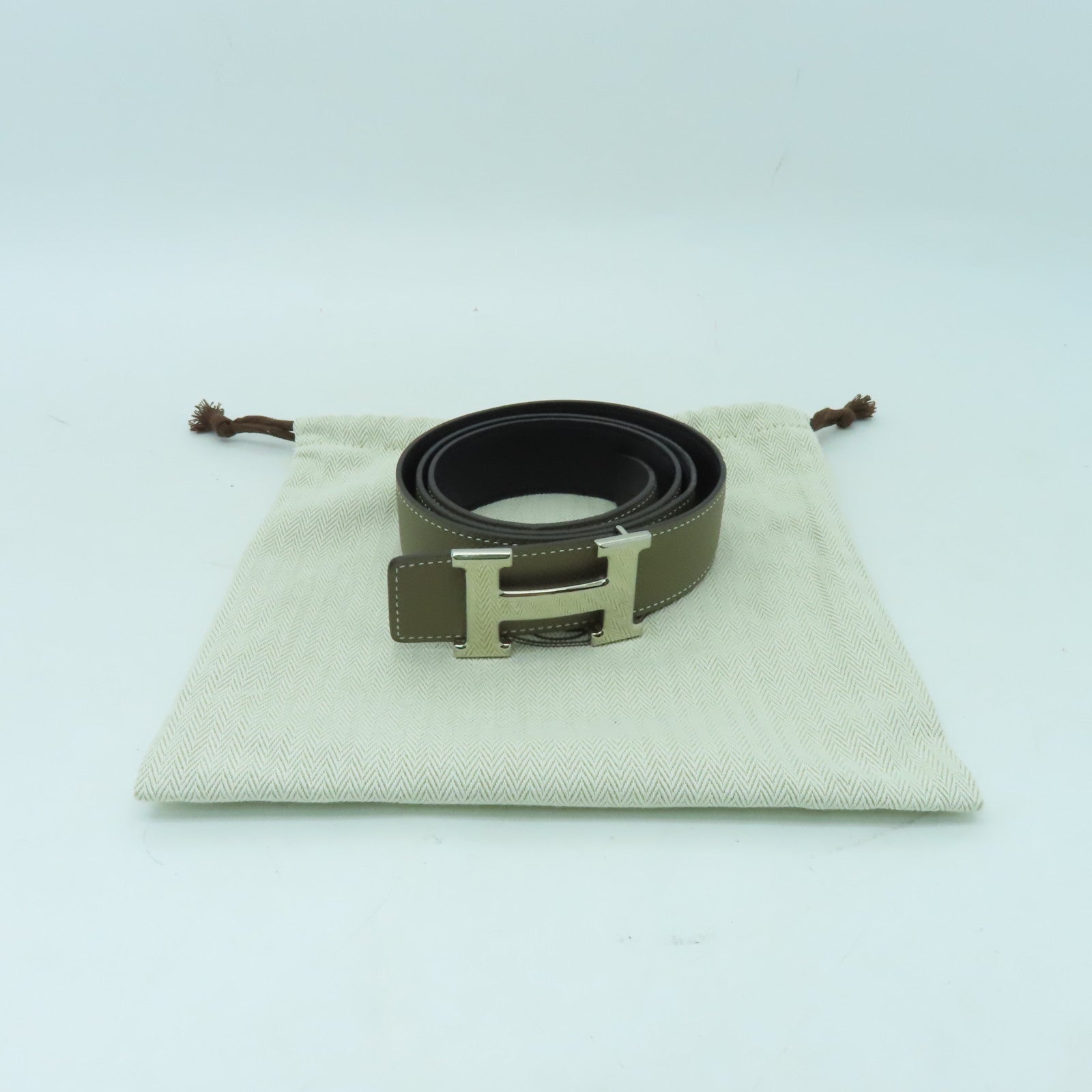 HERMES Epsom皮革/Box Calf皮革Belt銀扣皮帶灰色/黑色