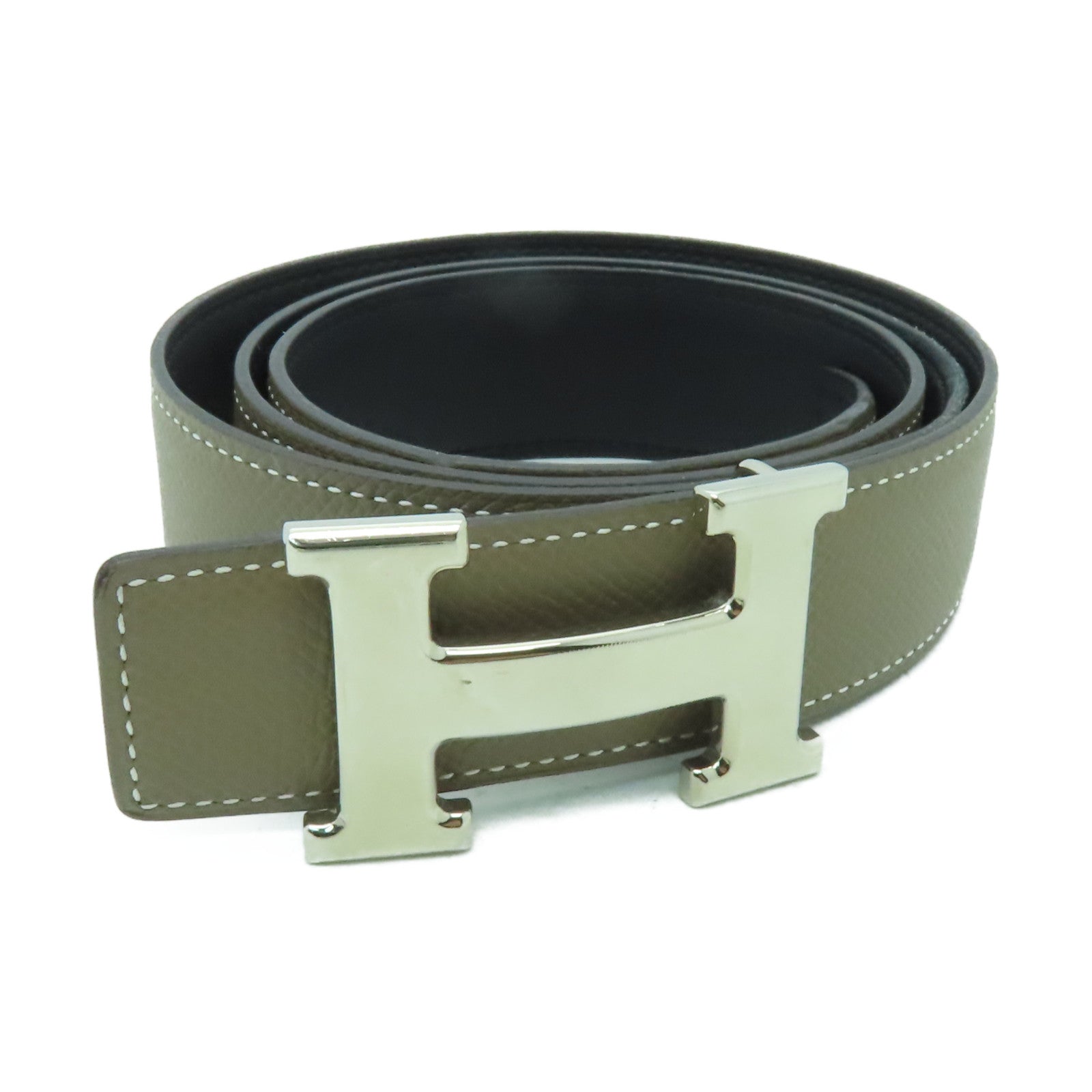 HERMES Epsom皮革/Box Calf皮革Belt銀扣皮帶灰色/黑色
