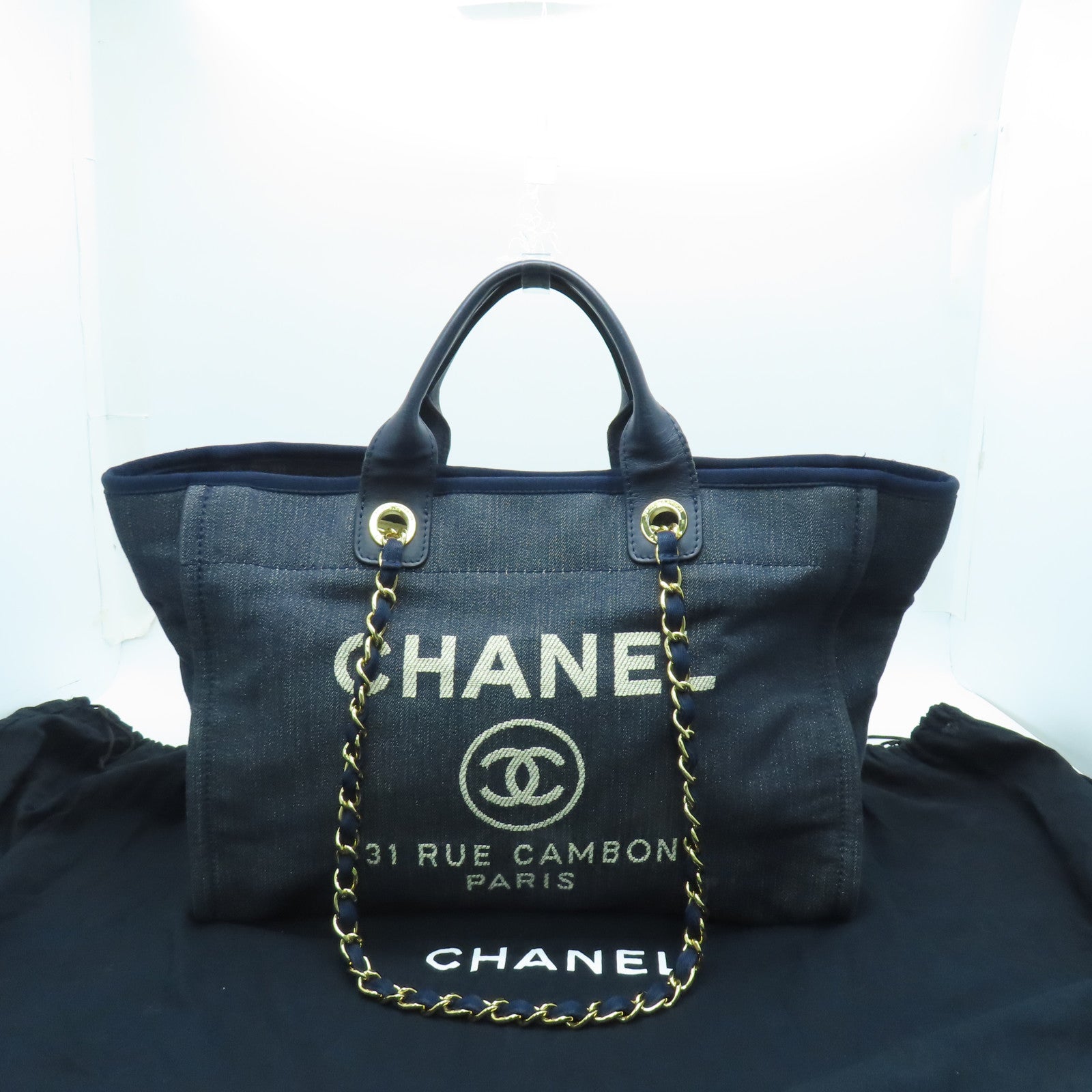 CHANEL Denim Tote Bag金扣手挽肩背两用袋蓝色