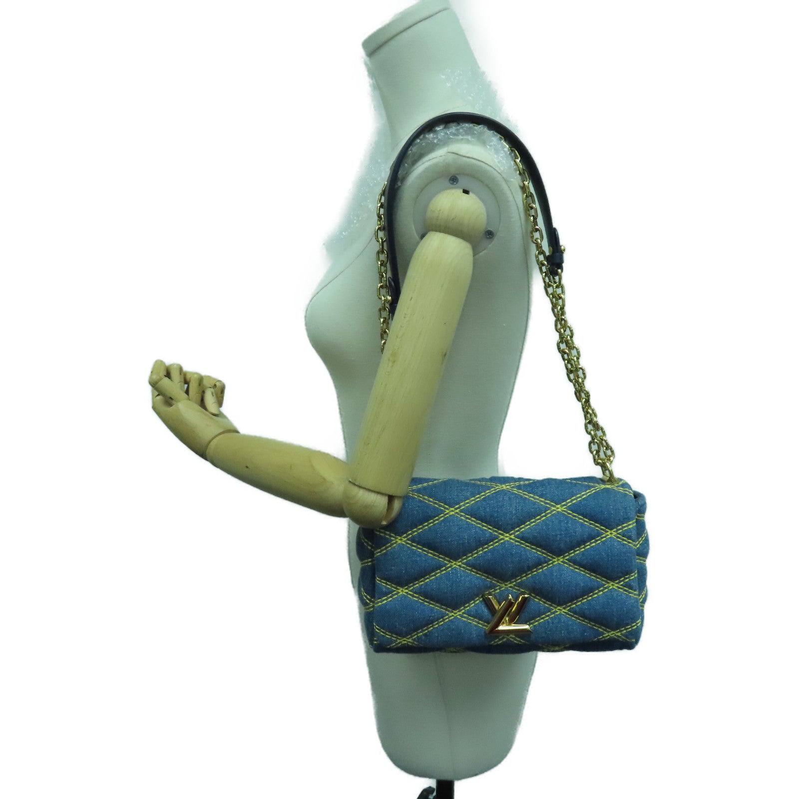 LOUIS VUITTON Lingge Damier Jeans ジgo-14 PM Shoulder Bag Gold Buckle Chain Belt Shoulder Bag Blue