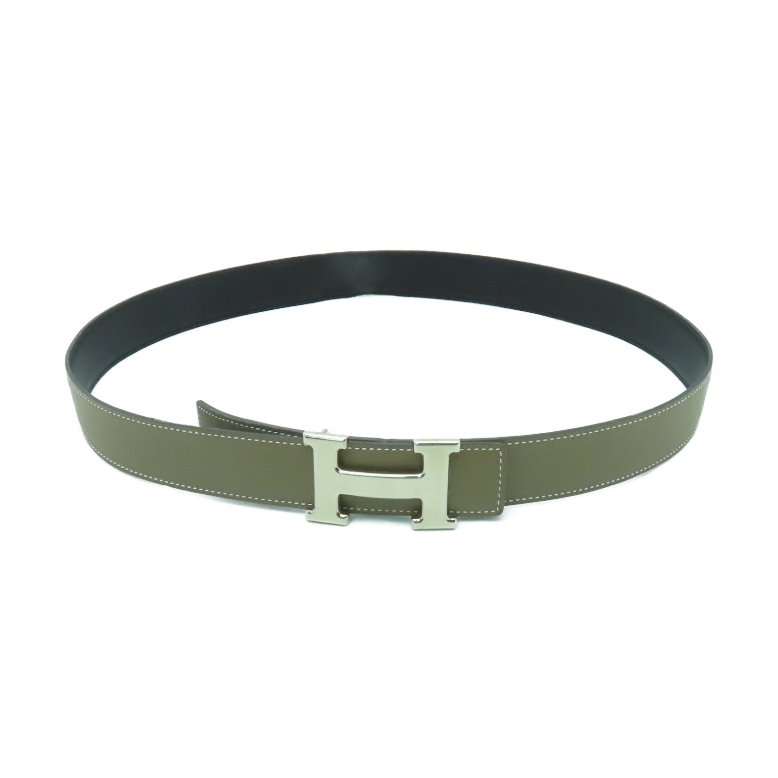 HERMES Epsom皮革/Box Calf皮革Belt銀扣皮帶灰色/黑色
