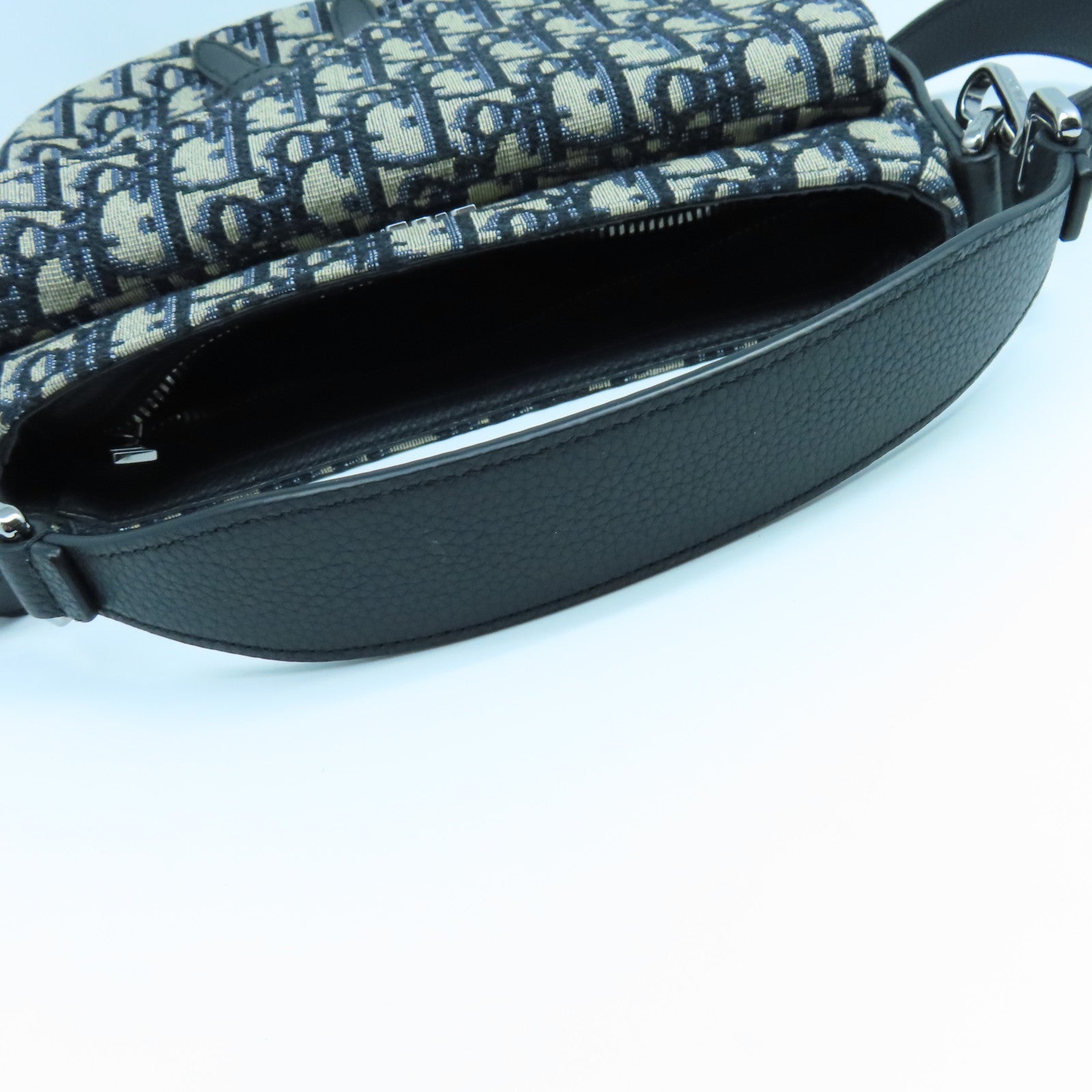 Dior Canvas Saddle Bag Silver Buckle Handle Shoulder Bag Blue Beige