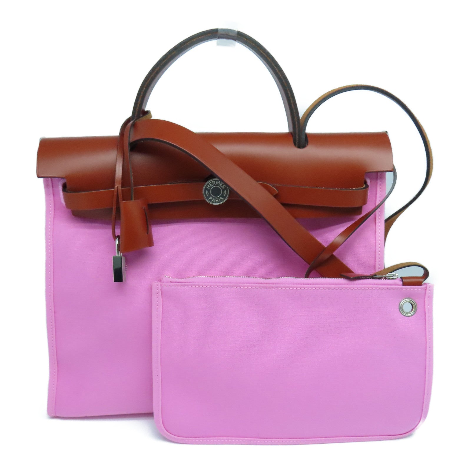 HERMES canvas Herbag PM silver buckle handle shoulder bag Rose Azalee/pink