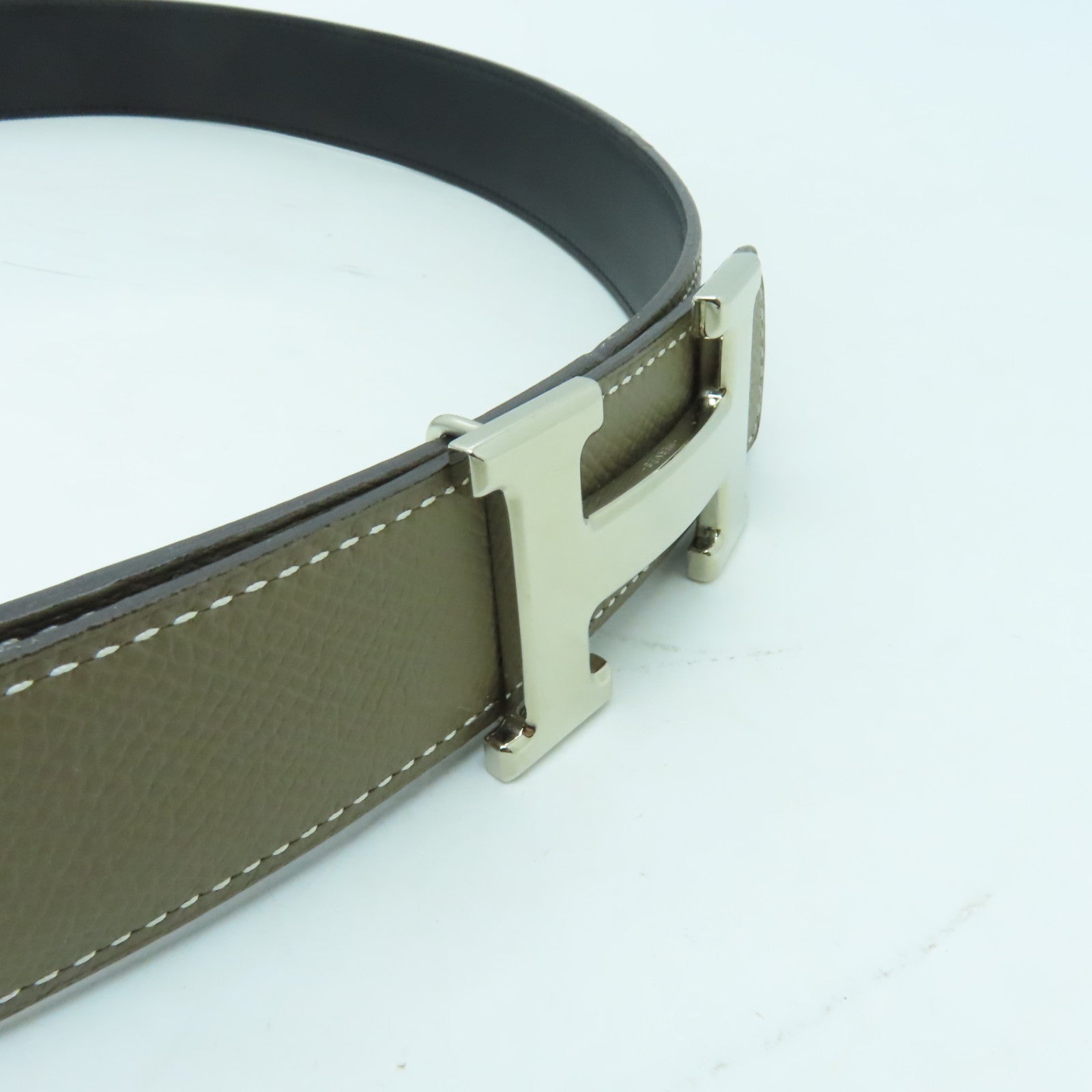 HERMES Epsom皮革/Box Calf皮革Belt銀扣皮帶灰色/黑色