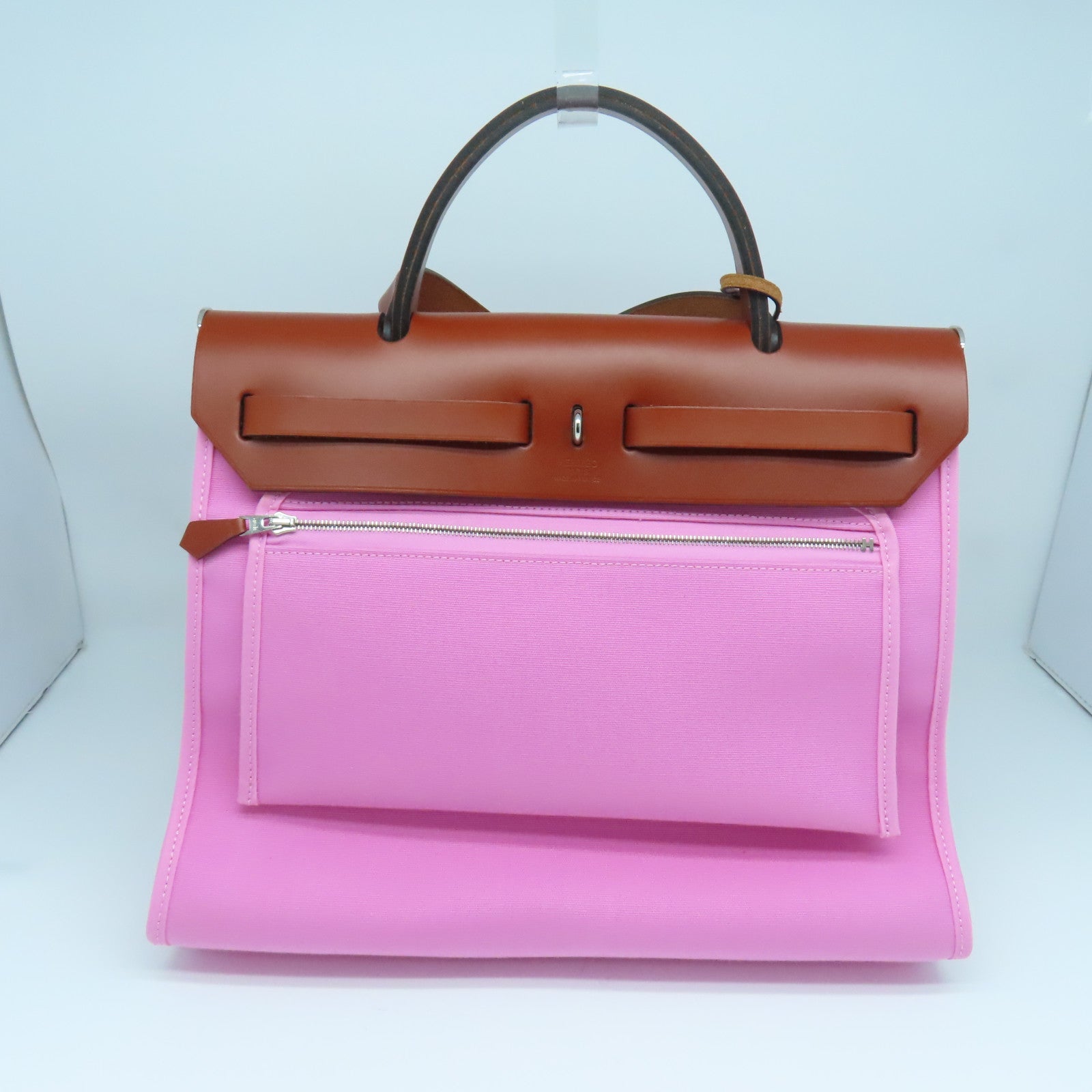 HERMES canvas Herbag PM silver buckle handle shoulder bag Rose Azalee/pink