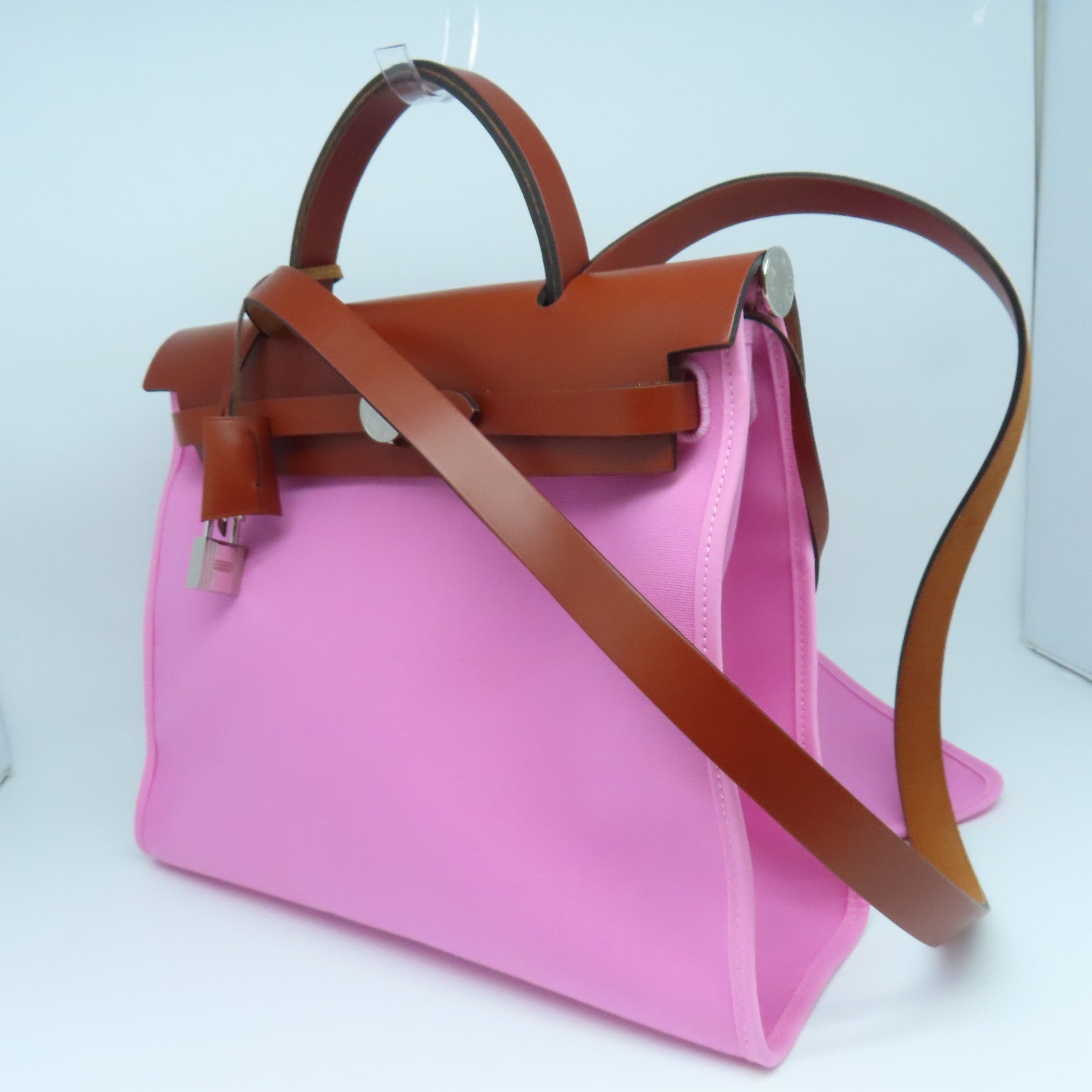 HERMES canvas Herbag PM silver buckle handle shoulder bag Rose Azalee/pink